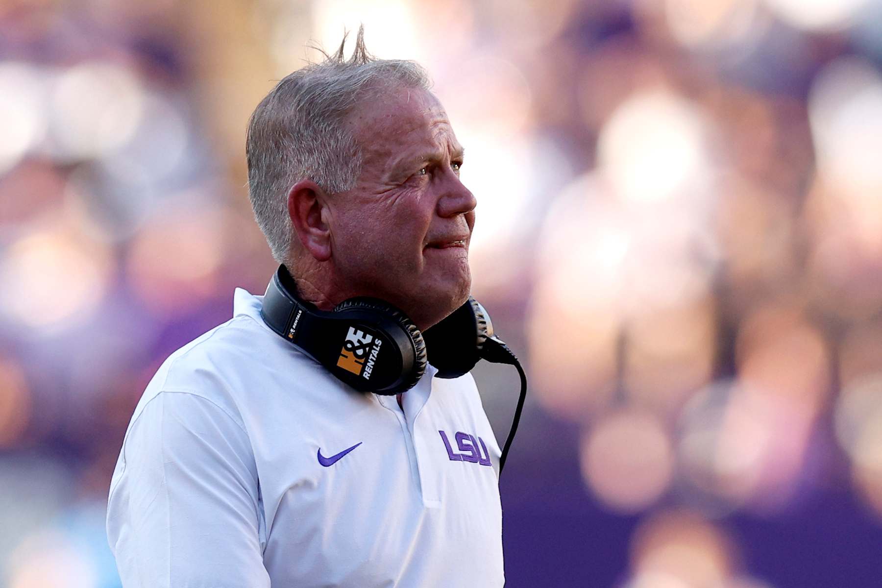 BATON ROUGE, LOUISIANA - SEPTEMBER 21: Head coach Brian Kelly of the LSU Tigers looks on during the fourth quarter of an NCAA football game against the UCLA Bruins at Tiger Stadium on September 21, 2024 in Baton Rouge, Louisiana.  (Photo by Sean Gardner/Getty Images)