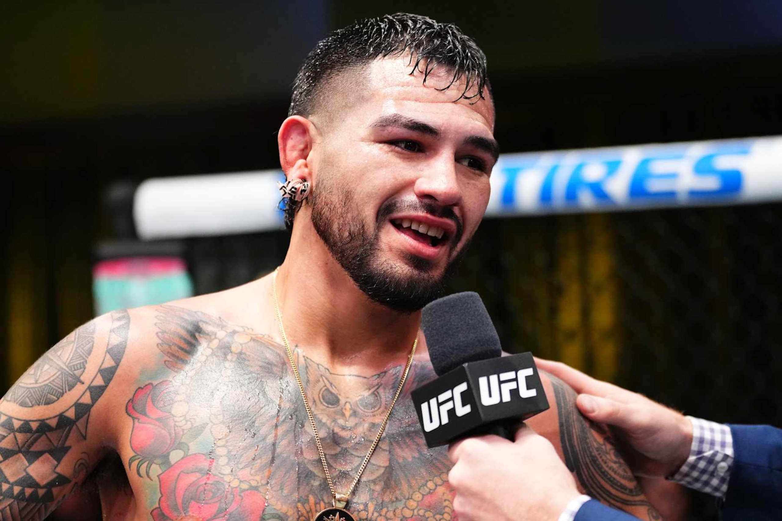 LAS VEGAS, NEVADA - OCTOBER 19: Anthony Hernandez reacts after a victory against Michel Pereira of Brazil in a middleweight fight during the UFC Fight Night event at UFC APEX on October 19, 2024 in Las Vegas, Nevada.  (Photo by Jeff Bottari/Zuffa LLC)