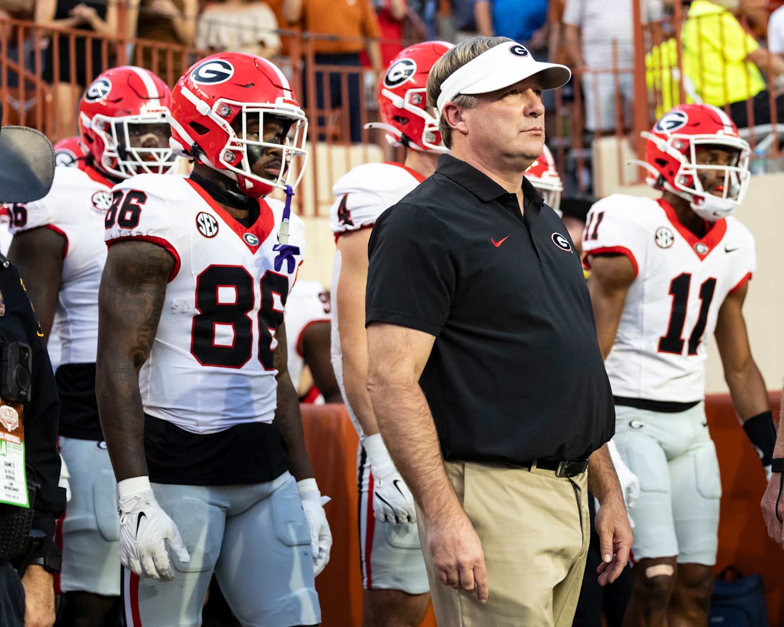 AUSTIN, TEXAS - OCTOBER 19: Head Coach Kirby Smart of the Georgia Bulldogs leads his team onto the field during a game between the between the Georgia Bulldogs and the Texas Longhorns at Darrell K Royal-Texas Memorial Stadium on October 19, 2024 in Austin, Texas. (Photo by Steve Limentani/ISI Photos/Getty Images)