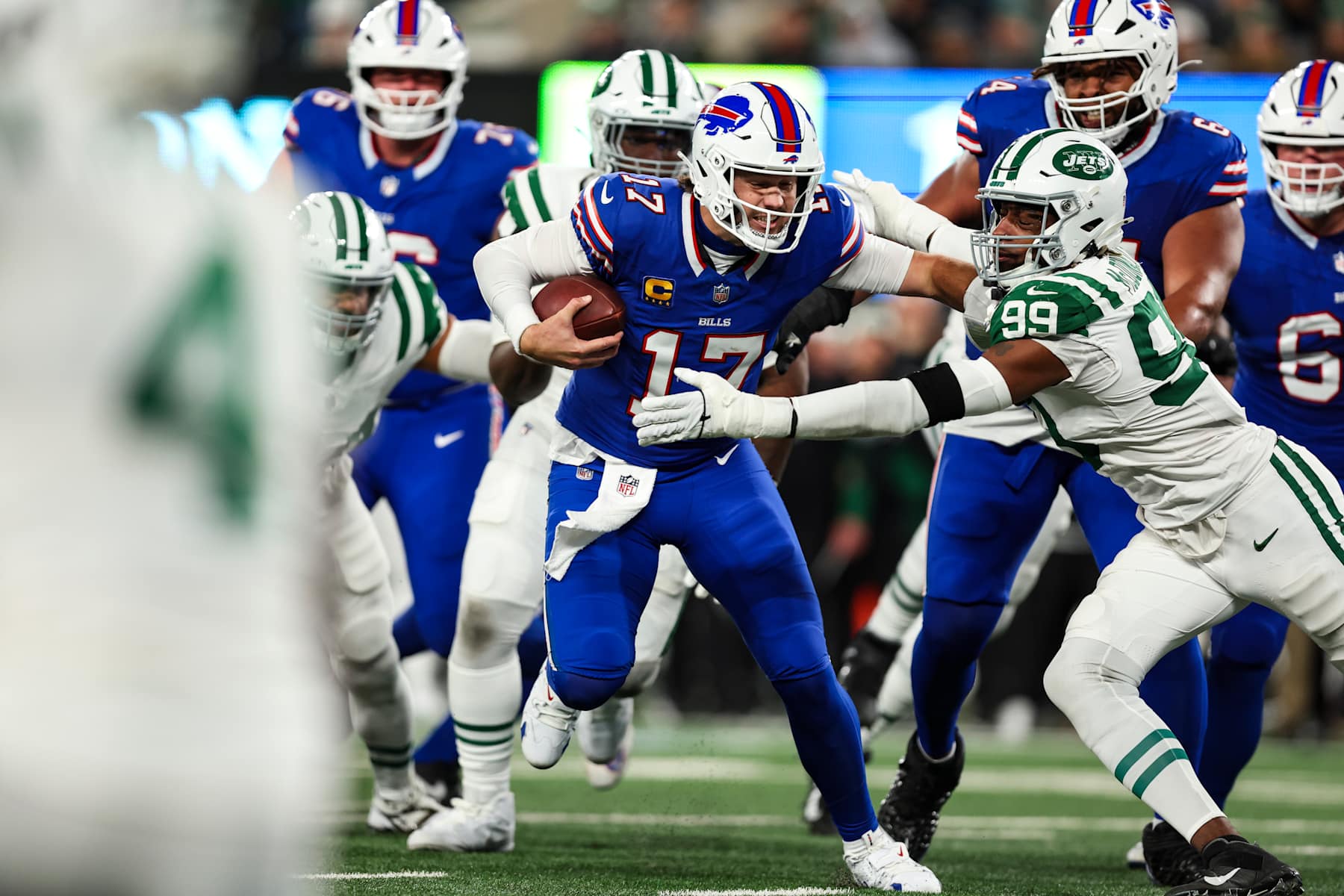 EAST RUTHERFORD, NJ - OCTOBER 14: Josh Allen #17 of the Buffalo Bills runs the ball during an NFL football game against the New York Jets at MetLife Stadium on October 14, 2024 in East Rutherford, NJ. (Photo by Perry Knotts/Getty Images)