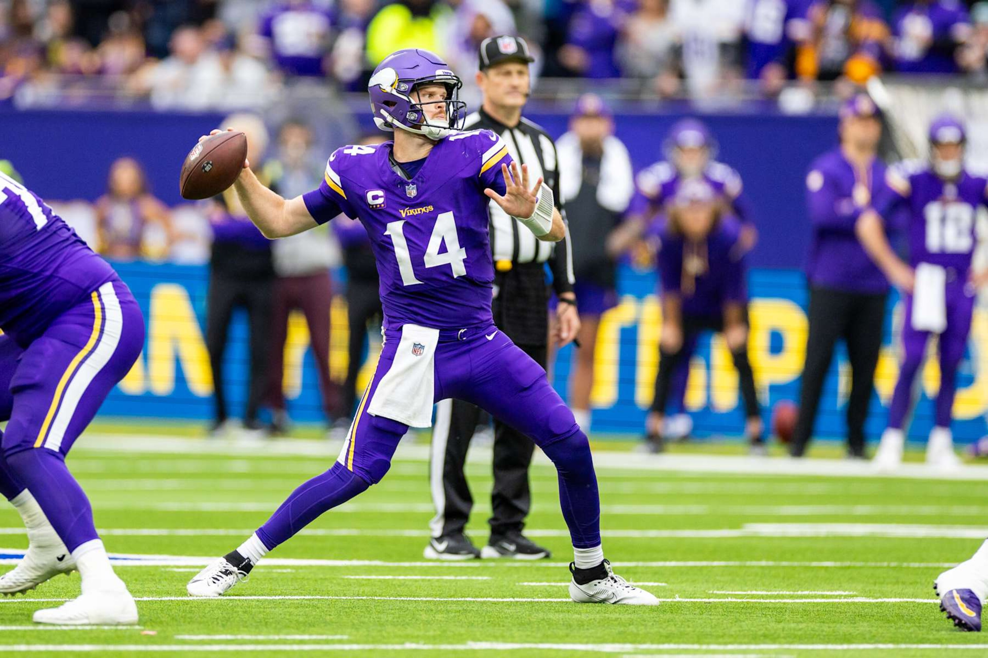LONDON, ENG - OCTOBER 06: Minnesota Vikings quarterback Sam Darnold (14) throws a pass during the professional NFL football game between the New York Jets and Minnesota Vikings on October 6, 2024 at Tottenham Hotspur Stadium in London, England. (Photo by Bob Kupbens/Icon Sportswire via Getty Images)