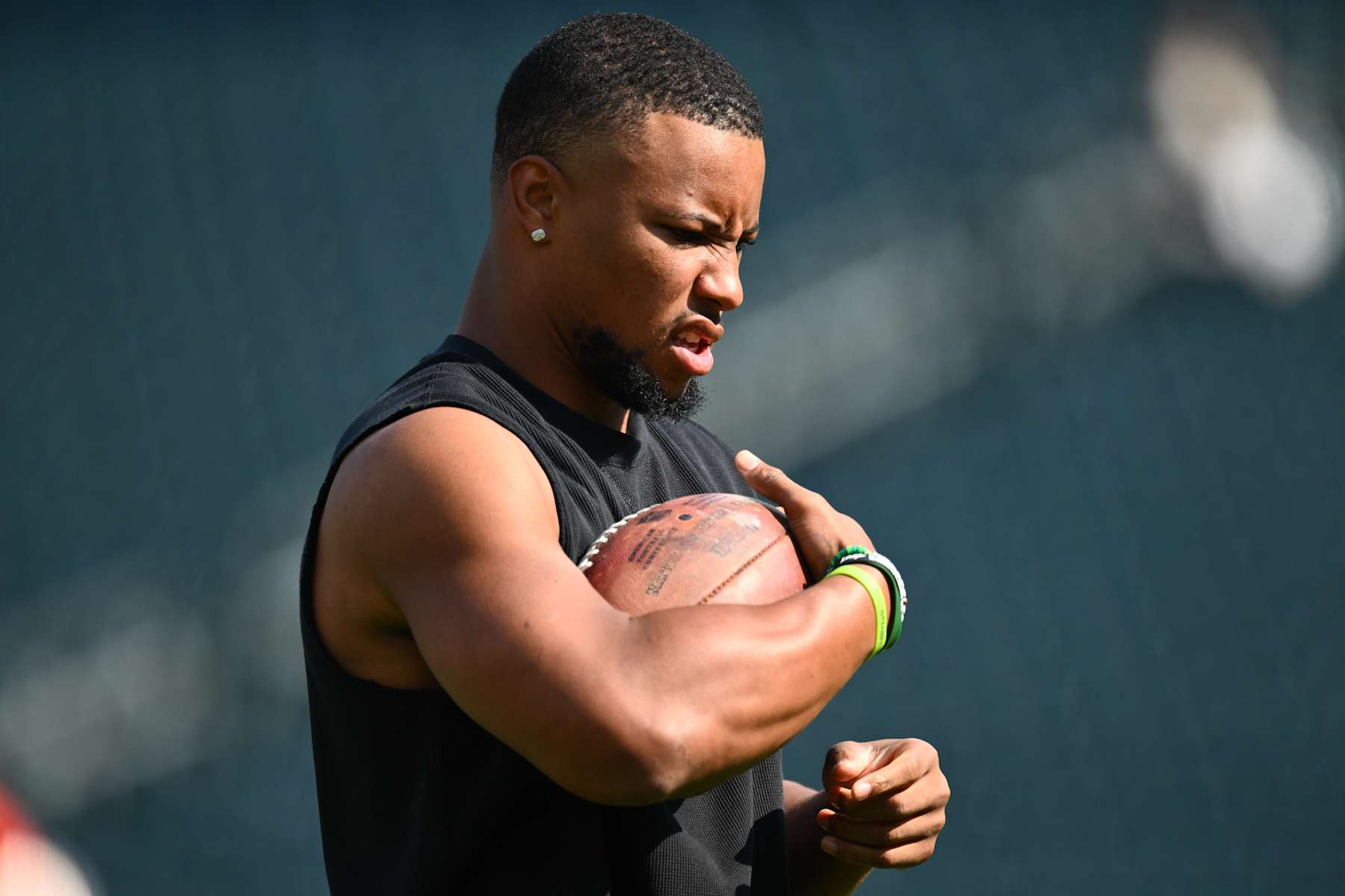 PHILADELPHIA, PA - OCTOBER 13: Philadelphia Eagles running back Saquon Barkley (26) warms up before the game between the Cleveland Browns and Philadelphia Eagles on October 13, 2024 at Lincoln Financial Field in Philadelphia, PA. (Photo by Kyle Ross/Icon Sportswire via Getty Images)