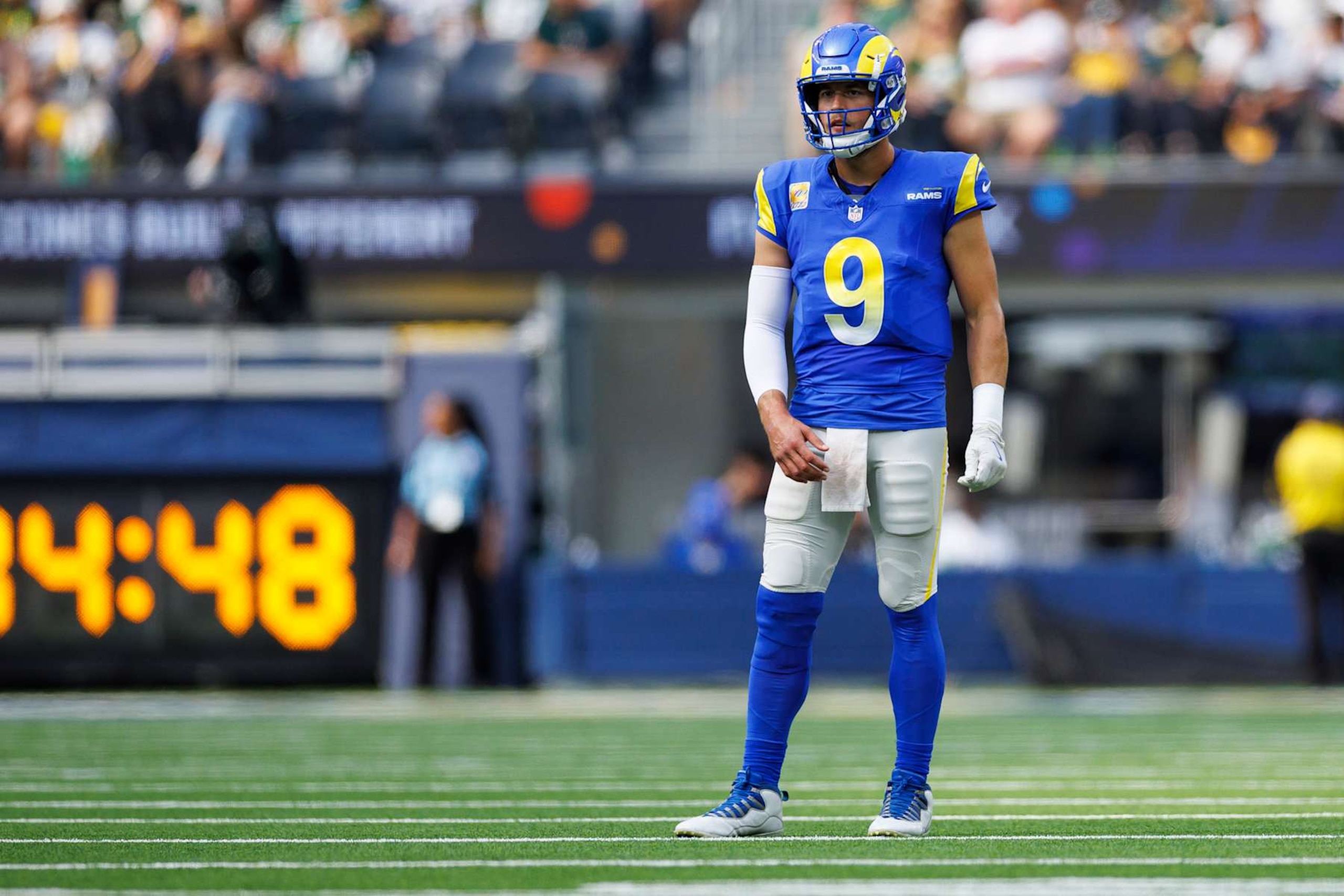 INGLEWOOD, CA - OCTOBER 6: Quarterback Matthew Stafford #9 of the Los Angeles Rams stands on the field during the first half of an NFL football game against the Green Bay Packers, at SoFi Stadium on October 6, 2024 in Inglewood, California. (Photo by Brooke Sutton/Getty Images)