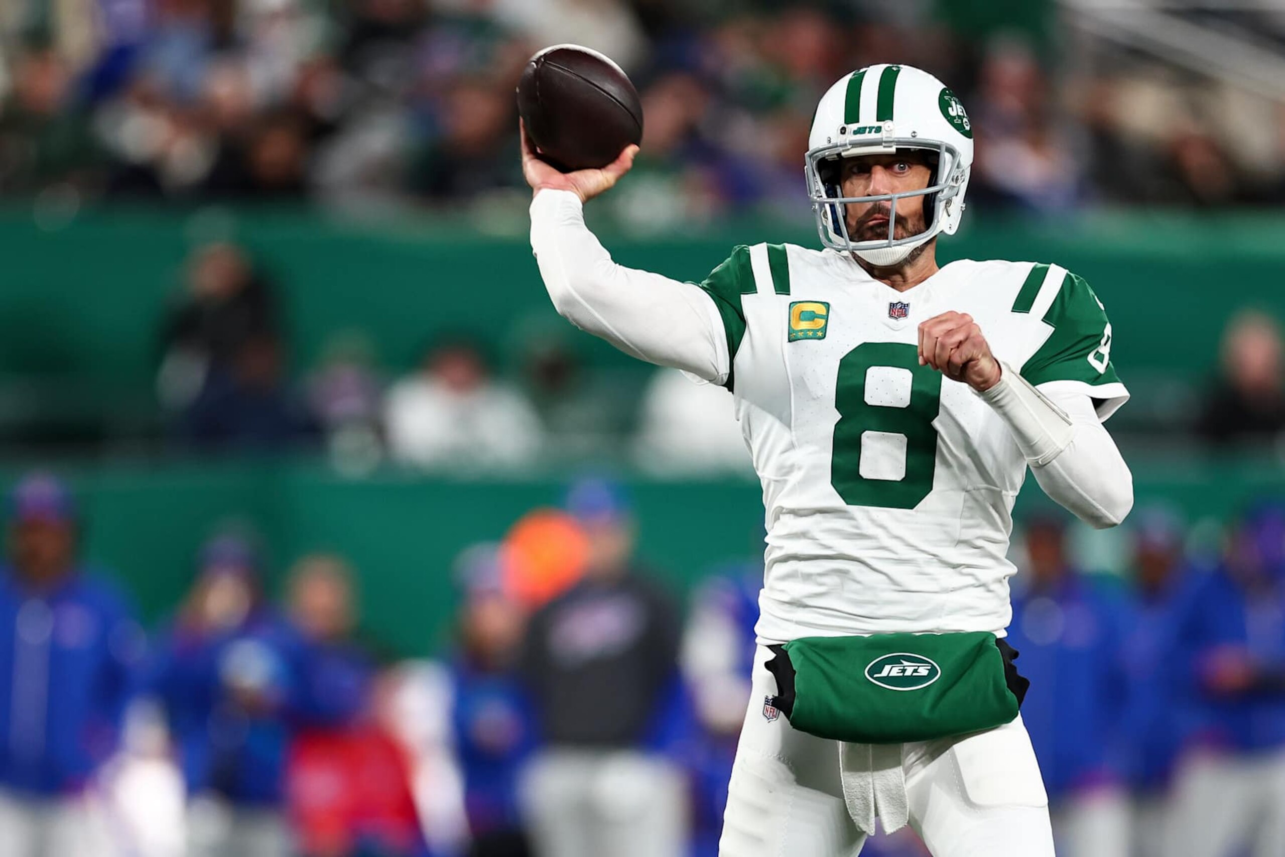 EAST RUTHERFORD, NEW JERSEY - OCTOBER 14: Aaron Rodgers #8 of the New York Jets throws a pass during an NFL game against the Buffalo Bills at MetLife Stadium on October 14, 2024 in East Rutherford, New Jersey. (Photo by Kevin Sabitus/Getty Images)