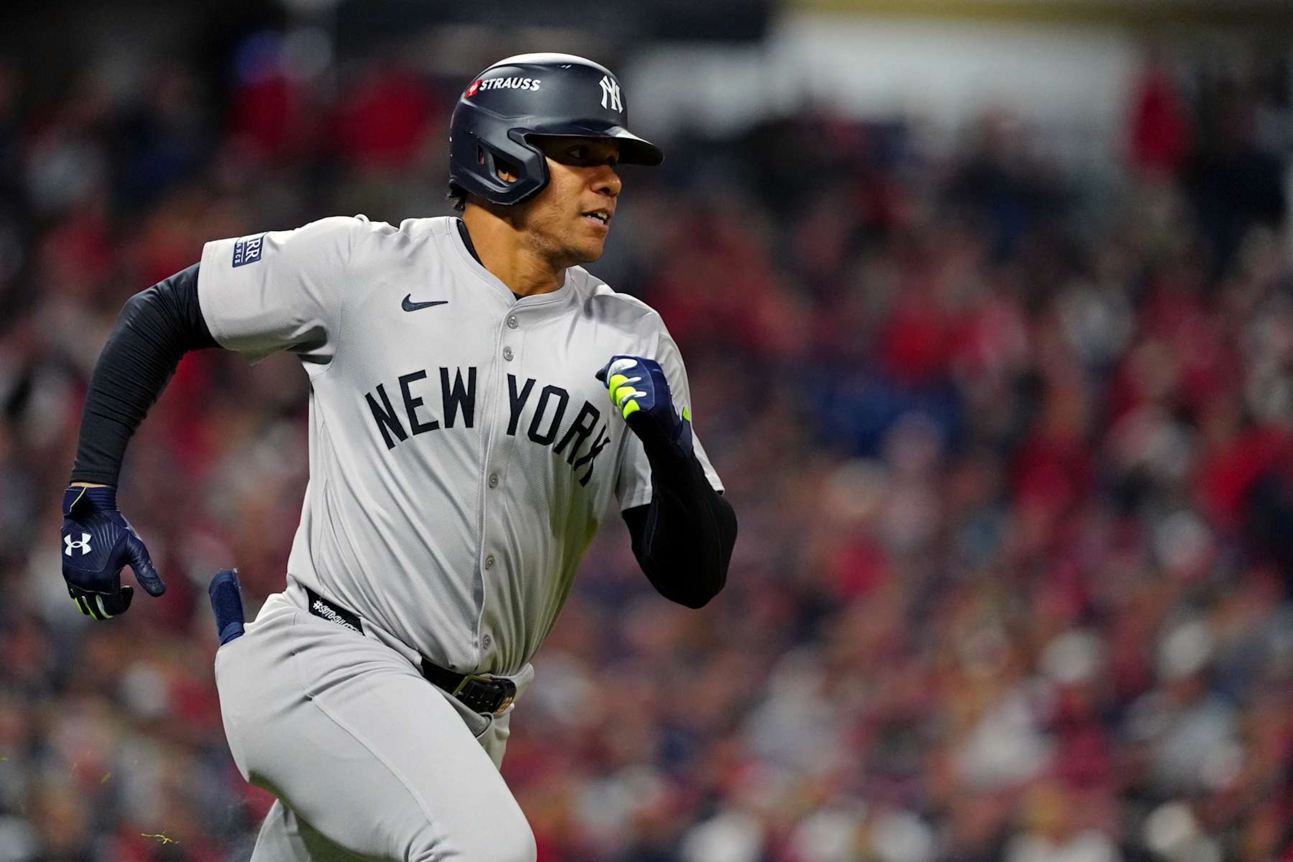 CLEVELAND, OH - OCTOBER 19: Juan Soto #22 of the New York Yankees doubles in the first inning during Game 5 of the ALCS presented by loanDepot between the New York Yankees and the Cleveland Guardians at Progressive Field on Saturday, October 19, 2024 in Cleveland, Ohio. (Photo by Mary DeCicco/MLB Photos via Getty Images) CLEVELAND, OH - OCTOBER 19: Juan Soto #22 of the New York Yankees doubles in the first inning during Game 5 of the ALCS presented by loanDepot between the New York Yankees and the Cleveland Guardians at Progressive Field on Saturday, October 19, 2024 in Cleveland, Ohio. (Photo by Mary DeCicco/MLB Photos via Getty Images)