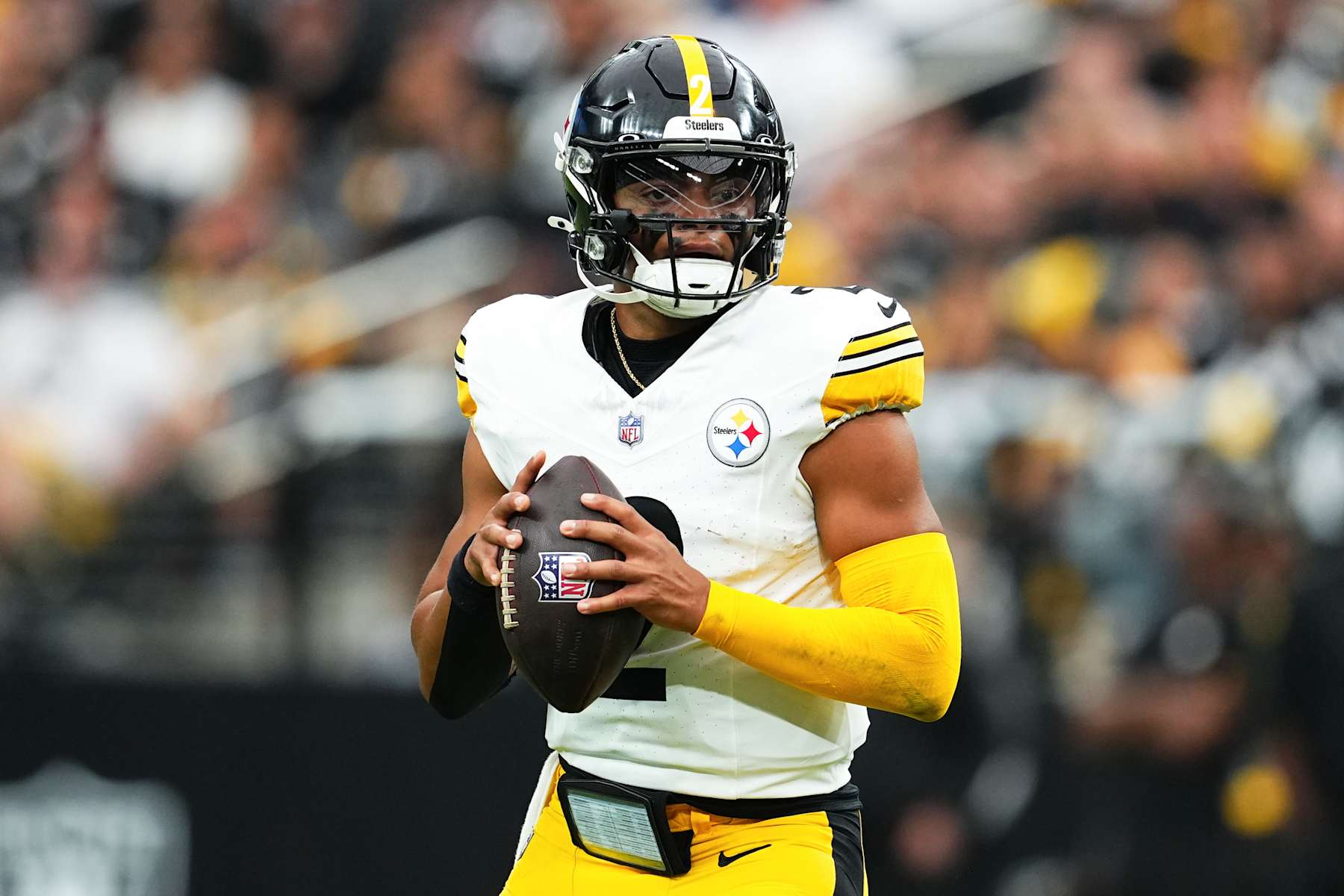 LAS VEGAS, NEVADA - OCTOBER 13: Justin Fields #2 of the Pittsburgh Steelers looks to throw a pass in the second quarter of a game against the Las Vegas Raiders at Allegiant Stadium on October 13, 2024 in Las Vegas, Nevada. (Photo by Chris Unger/Getty Images)