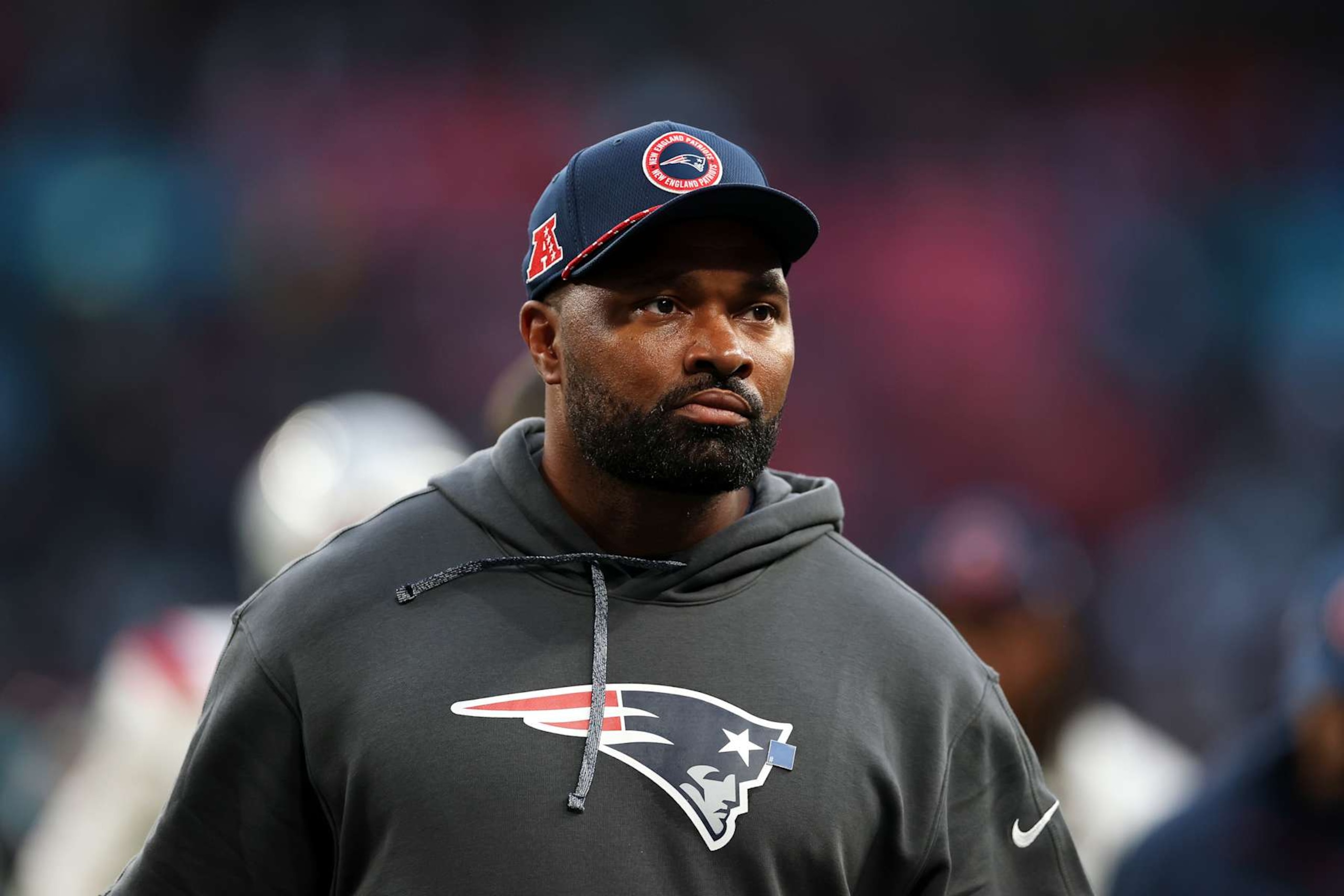 LONDON, ENGLAND - OCTOBER 20: Jerod Mayo of New England Patriots looks on after the NFL match between New England Patriots and Jacksonville Jaguars at Wembley Stadium on October 20, 2024 in London, England. (Photo by Richard Heathcote/Getty Images) LONDON, ENGLAND - OCTOBER 20: Jerod Mayo of New England Patriots looks on after the NFL match between New England Patriots and Jacksonville Jaguars at Wembley Stadium on October 20, 2024 in London, England. (Photo by Richard Heathcote/Getty Images)