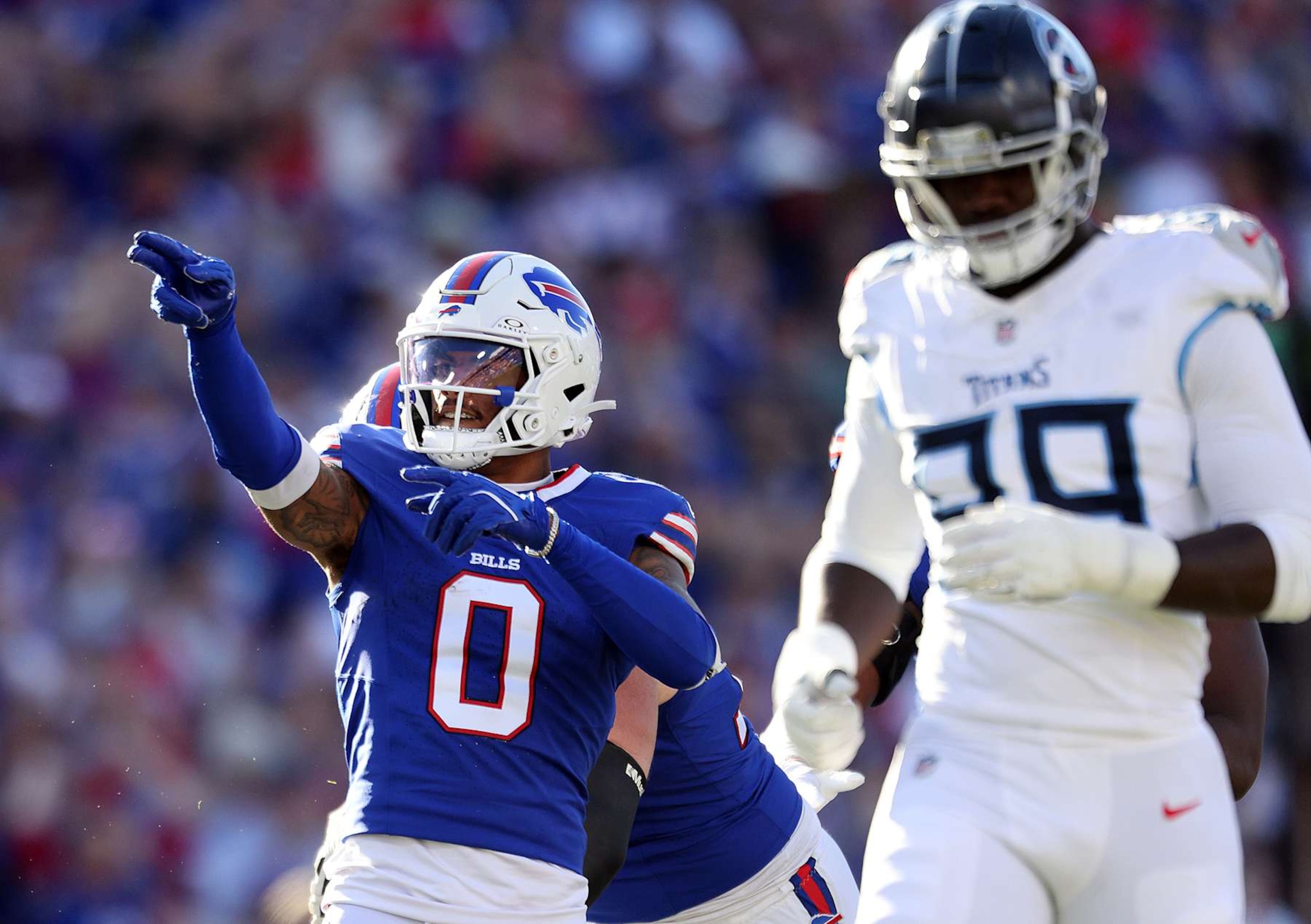 ORCHARD PARK, NEW YORK - OCTOBER 20: Keon Coleman #0 of the Buffalo Bills reacts after a first down against the Tennessee Titans during the fourth quarter at Highmark Stadium on October 20, 2024 in Orchard Park, New York. (Photo by Bryan M. Bennett/Getty Images)