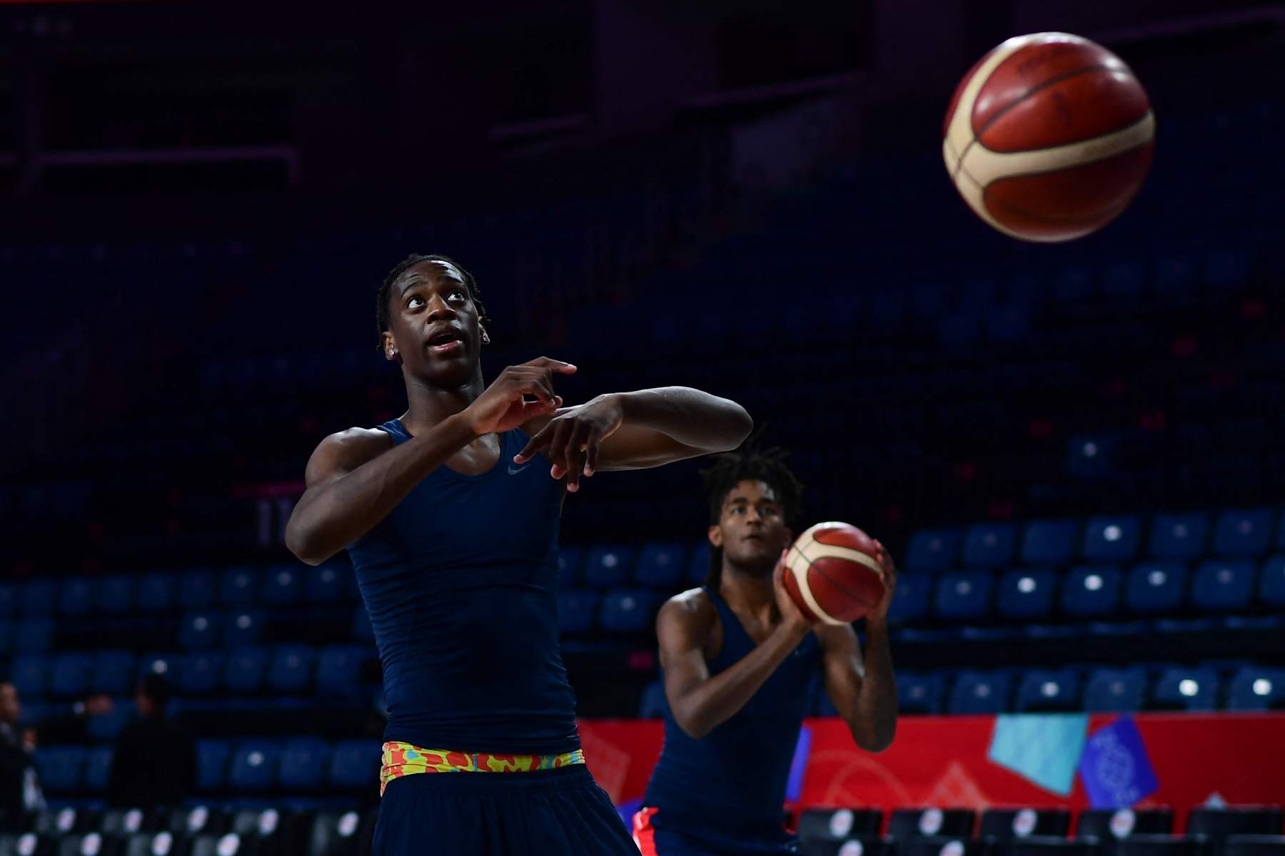 AJ Dybantsa, #7 of the United States of America (USA) warms up before the FIBA U17 Basketball World Cup - Turkiye 2024 Group B match between the People's Republic of China (PRC) and the United States of America (USA) at Sinan Erdem Dome in Istanbul, Turkey on July 2, 2024. (Photo by Altan Gocher / Hans Lucas / Hans Lucas via AFP) (Photo by ALTAN GOCHER/Hans Lucas/AFP via Getty Images)
