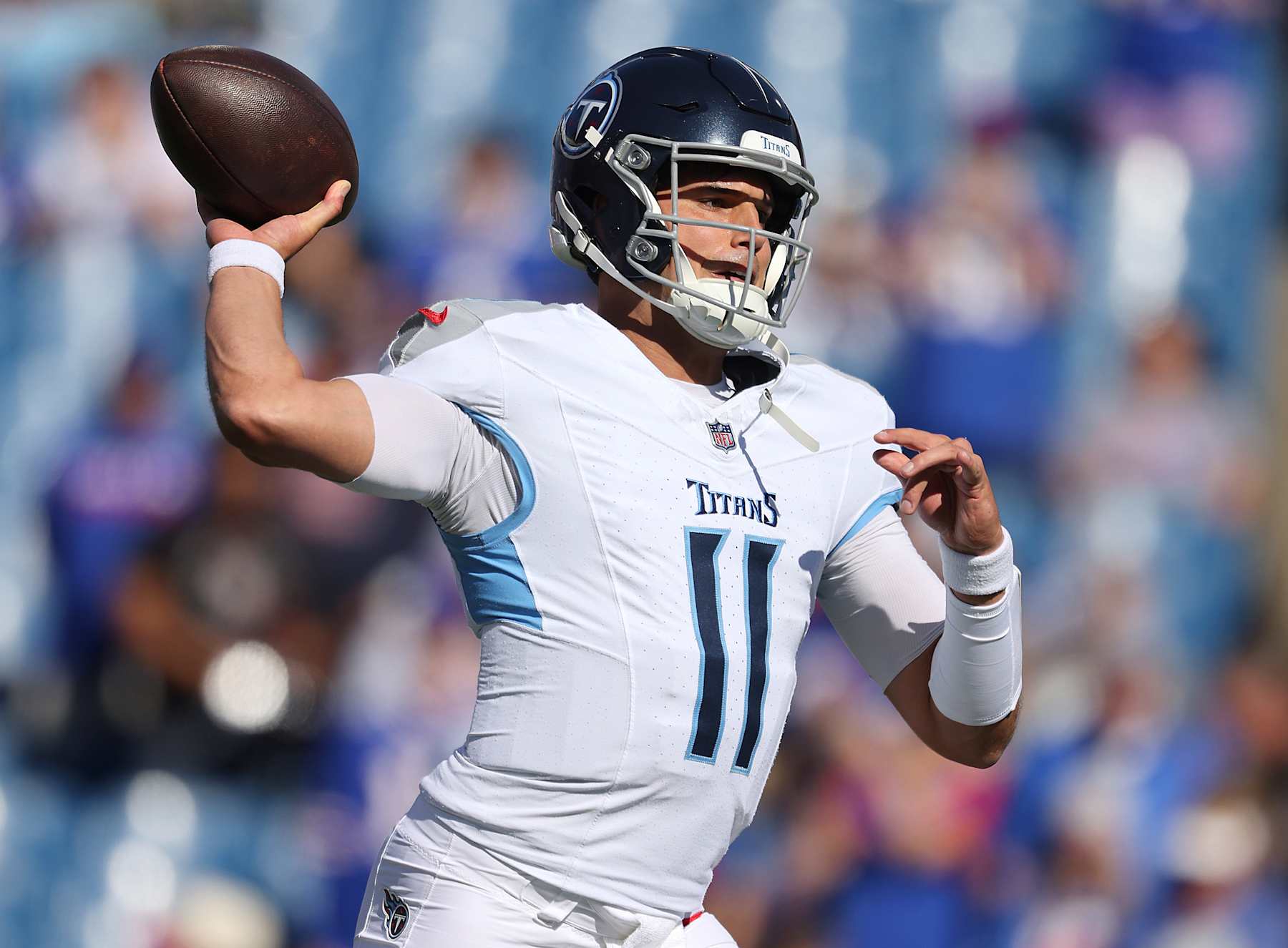 ORCHARD PARK, NEW YORK - OCTOBER 20: Mason Rudolph #11 of the Tennessee Titans warms up prior to the game against the Buffalo Bills at Highmark Stadium on October 20, 2024 in Orchard Park, New York. (Photo by Bryan M. Bennett/Getty Images)