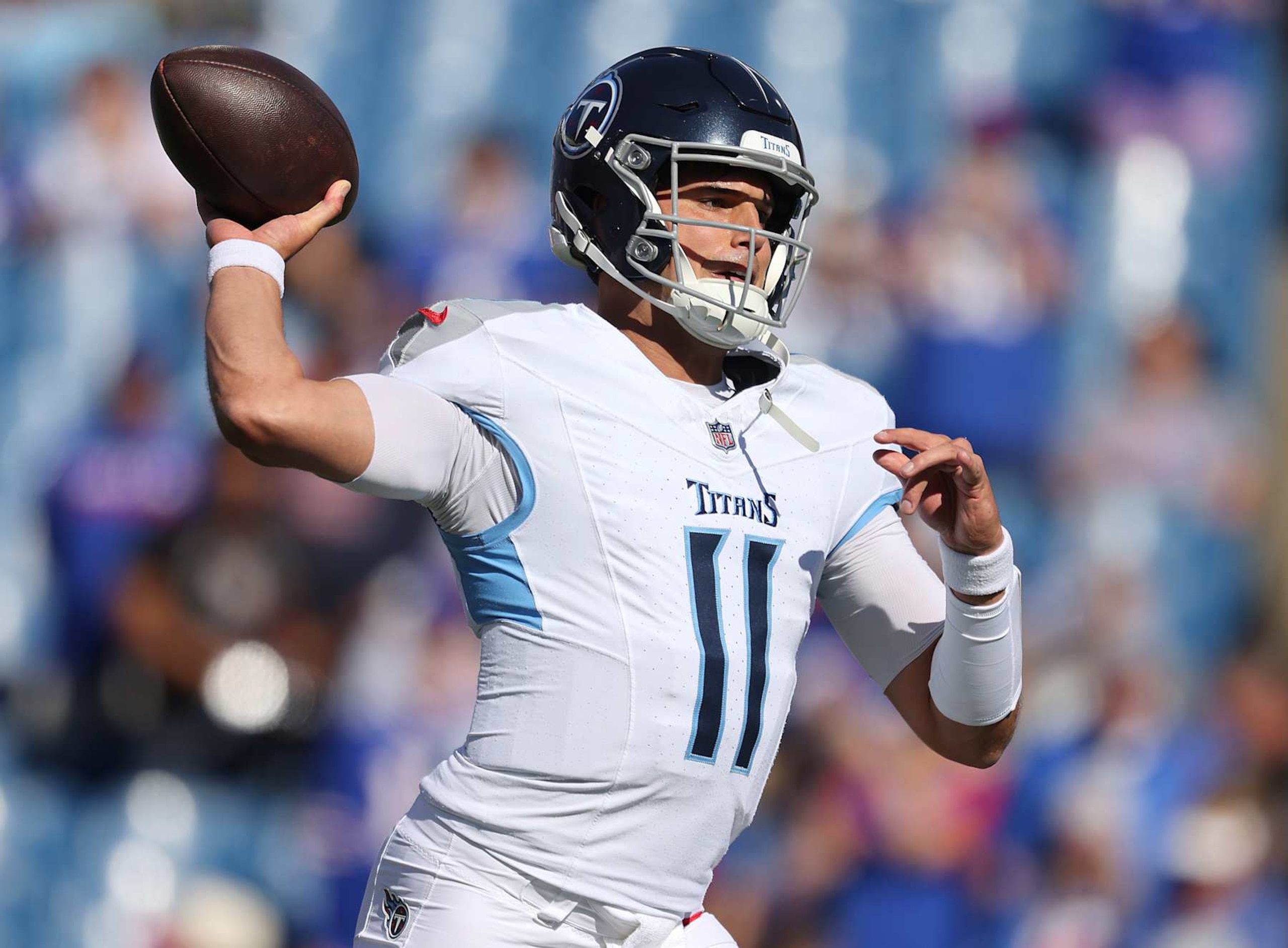 ORCHARD PARK, NEW YORK - OCTOBER 20: Mason Rudolph #11 of the Tennessee Titans warms up prior to the game against the Buffalo Bills at Highmark Stadium on October 20, 2024 in Orchard Park, New York. (Photo by Bryan M. Bennett/Getty Images)