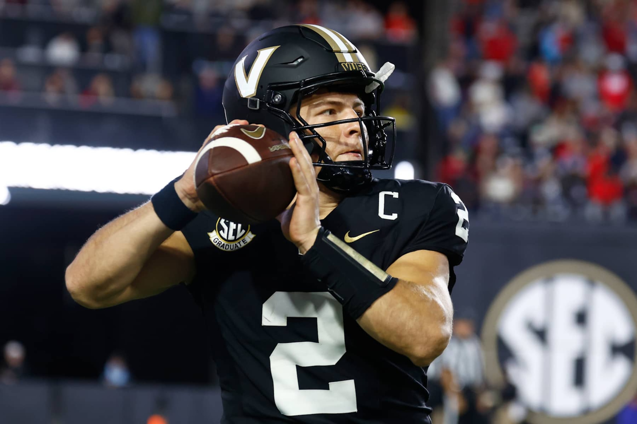 NASHVILLE, TENNESSEE - OCTOBER 19: Diego Pavia #2 of the Vanderbilt Commodores drops back to throw a pass during the third quarter of the game against the Ball State Cardinals at FirstBank Stadium on October 19, 2024 in Nashville, Tennessee. (Photo by Johnnie Izquierdo/Getty Images)