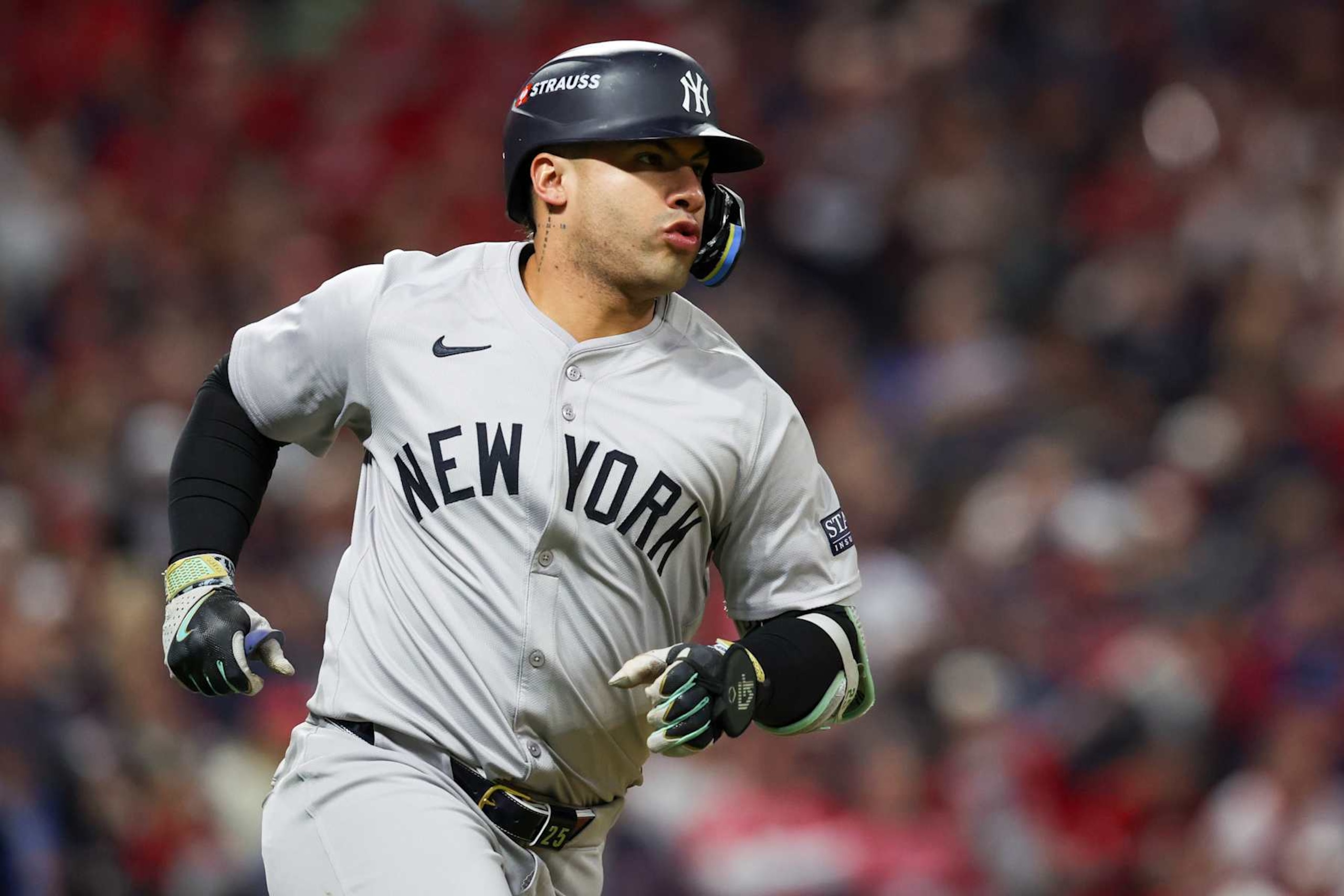 CLEVELAND, OH - OCTOBER 18: Gleyber Torres #25 of the New York Yankees runs to first base after hitting a single in the first inning during Game 4 of the ALCS presented by loanDepot between the New York Yankees and the Cleveland Guardians at Progressive Field on Friday, October 18, 2024 in Cleveland, Ohio. (Photo by Lauren Leigh Bacho/MLB Photos via Getty Images) CLEVELAND, OH - OCTOBER 18: Gleyber Torres #25 of the New York Yankees runs to first base after hitting a single in the first inning during Game 4 of the ALCS presented by loanDepot between the New York Yankees and the Cleveland Guardians at Progressive Field on Friday, October 18, 2024 in Cleveland, Ohio. (Photo by Lauren Leigh Bacho/MLB Photos via Getty Images)