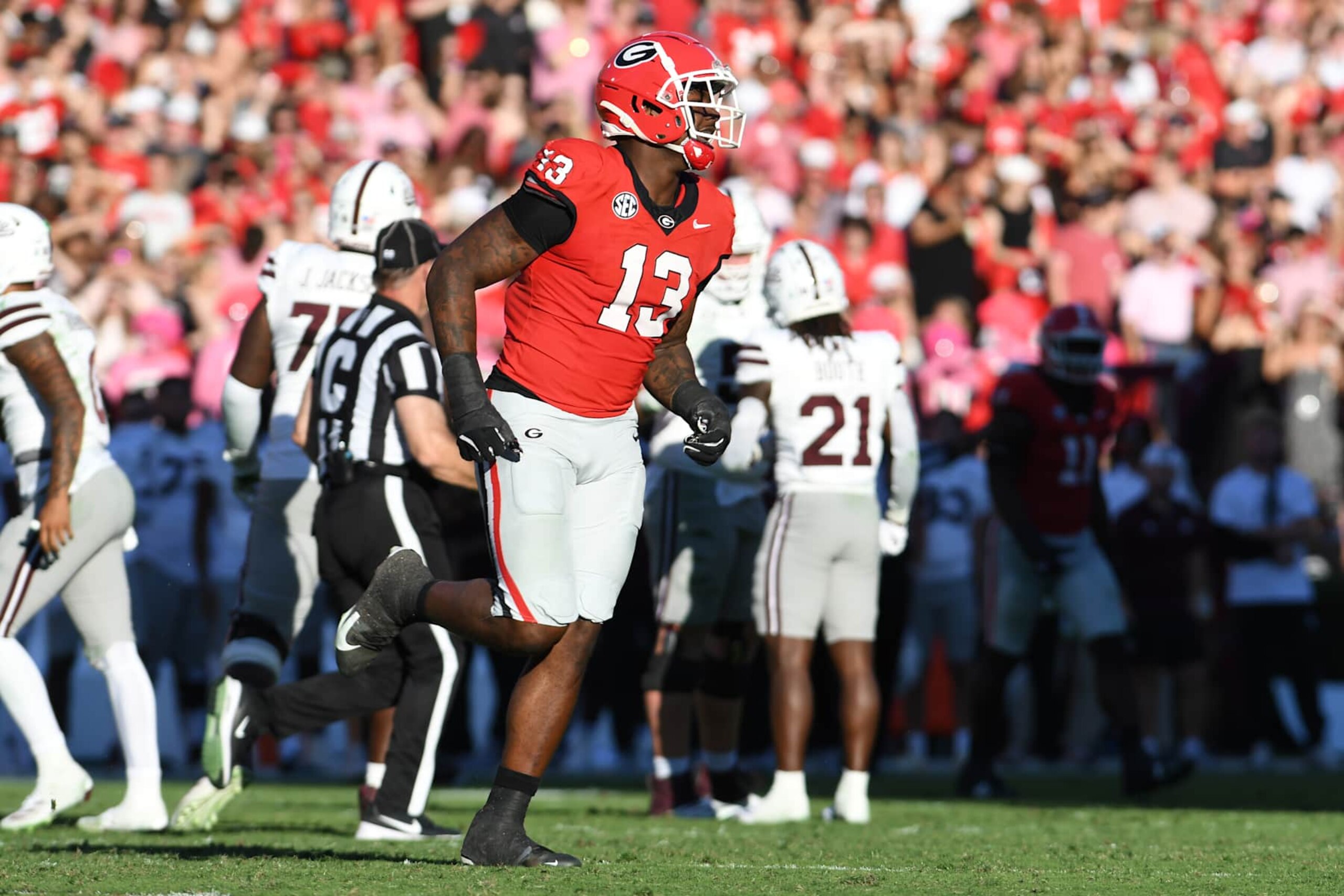 ATHENS, GA - OCTOBER 12: Mykel Williams #13 of the Georgia Bulldogs during a game between Mississippi State University and University of Georgia at Sanford Stadium on October 12, 2024 in Athens, Georgia. (Photo by Perry McIntyre/ISI Photos/Getty Images)
