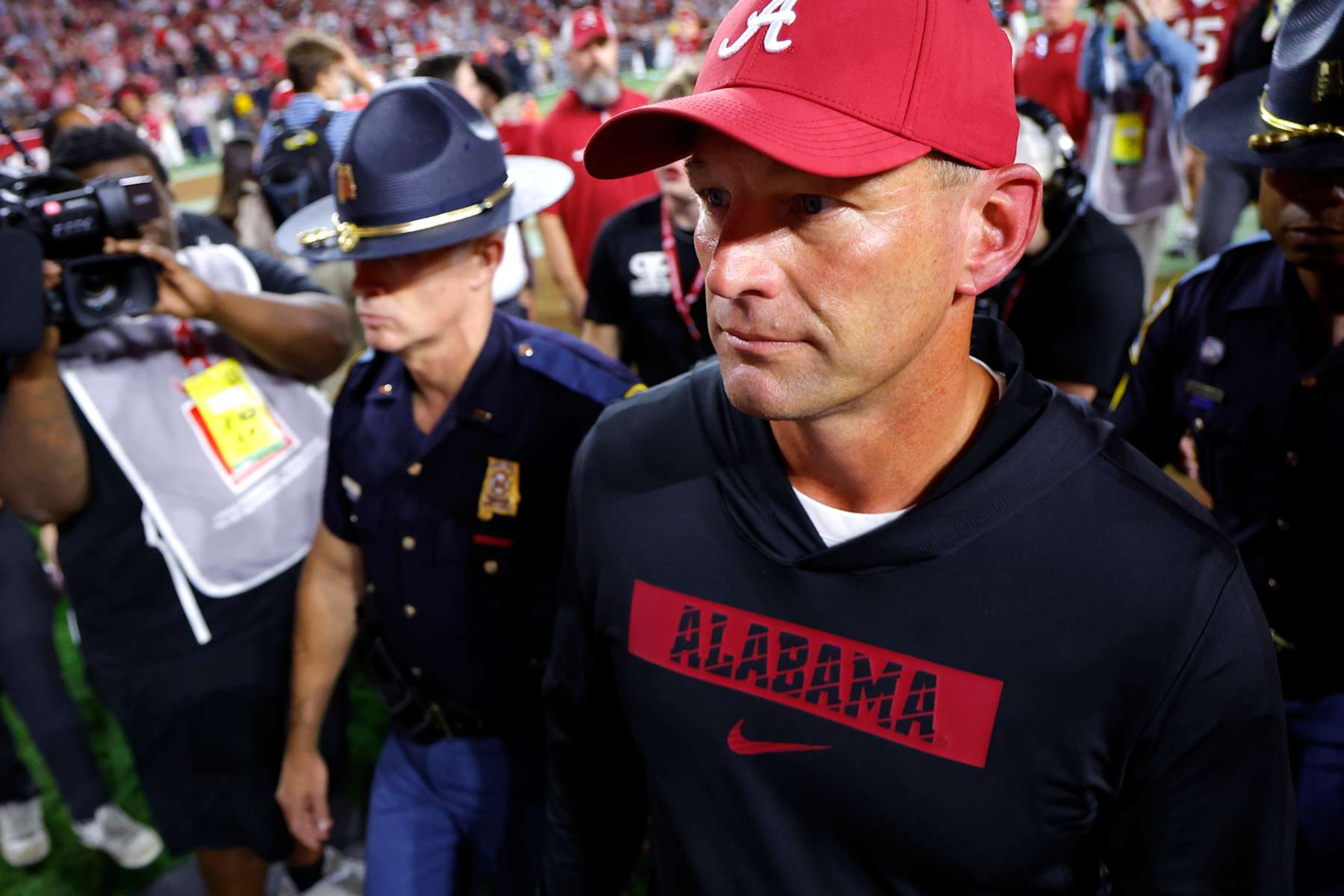 TUSCALOOSA, ALABAMA - SEPTEMBER 28: Head coach Kalen DeBoer of the Alabama Crimson Tide leaves the field after his team's victory against the Georgia Bulldogs at Bryant-Denny Stadium on September 28, 2024 in Tuscaloosa, Alabama. (Photo by Todd Kirkland/Getty Images) TUSCALOOSA, ALABAMA - SEPTEMBER 28: Head coach Kalen DeBoer of the Alabama Crimson Tide leaves the field after his team's victory against the Georgia Bulldogs at Bryant-Denny Stadium on September 28, 2024 in Tuscaloosa, Alabama. (Photo by Todd Kirkland/Getty Images)