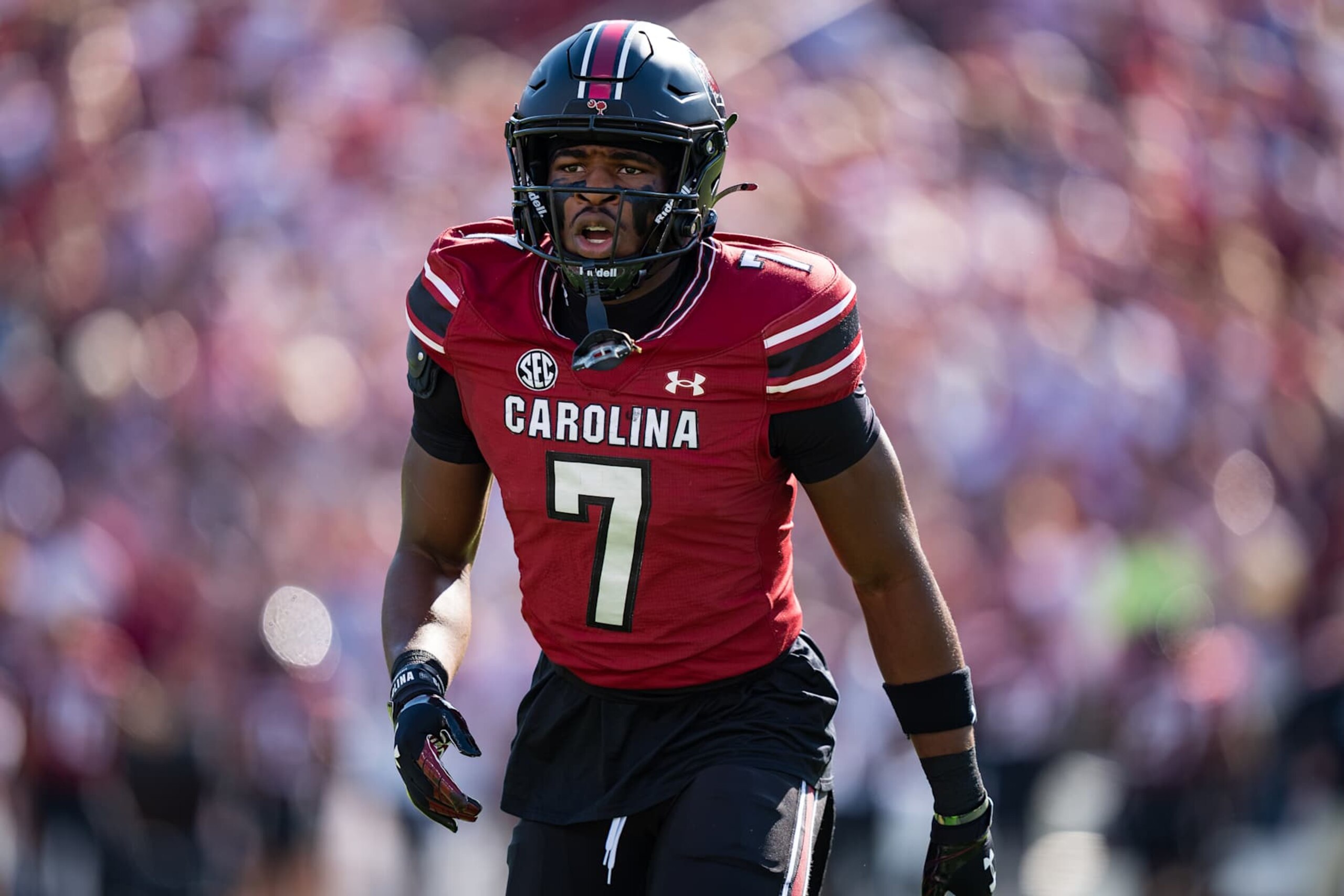 COLUMBIA, SOUTH CAROLINA - OCTOBER 05: Nick Emmanwori #7 of the South Carolina Gamecocks plays against the Mississippi Rebels during their game at Williams-Brice Stadium on October 05, 2024 in Columbia, South Carolina. (Photo by Jacob Kupferman/Getty Images)
