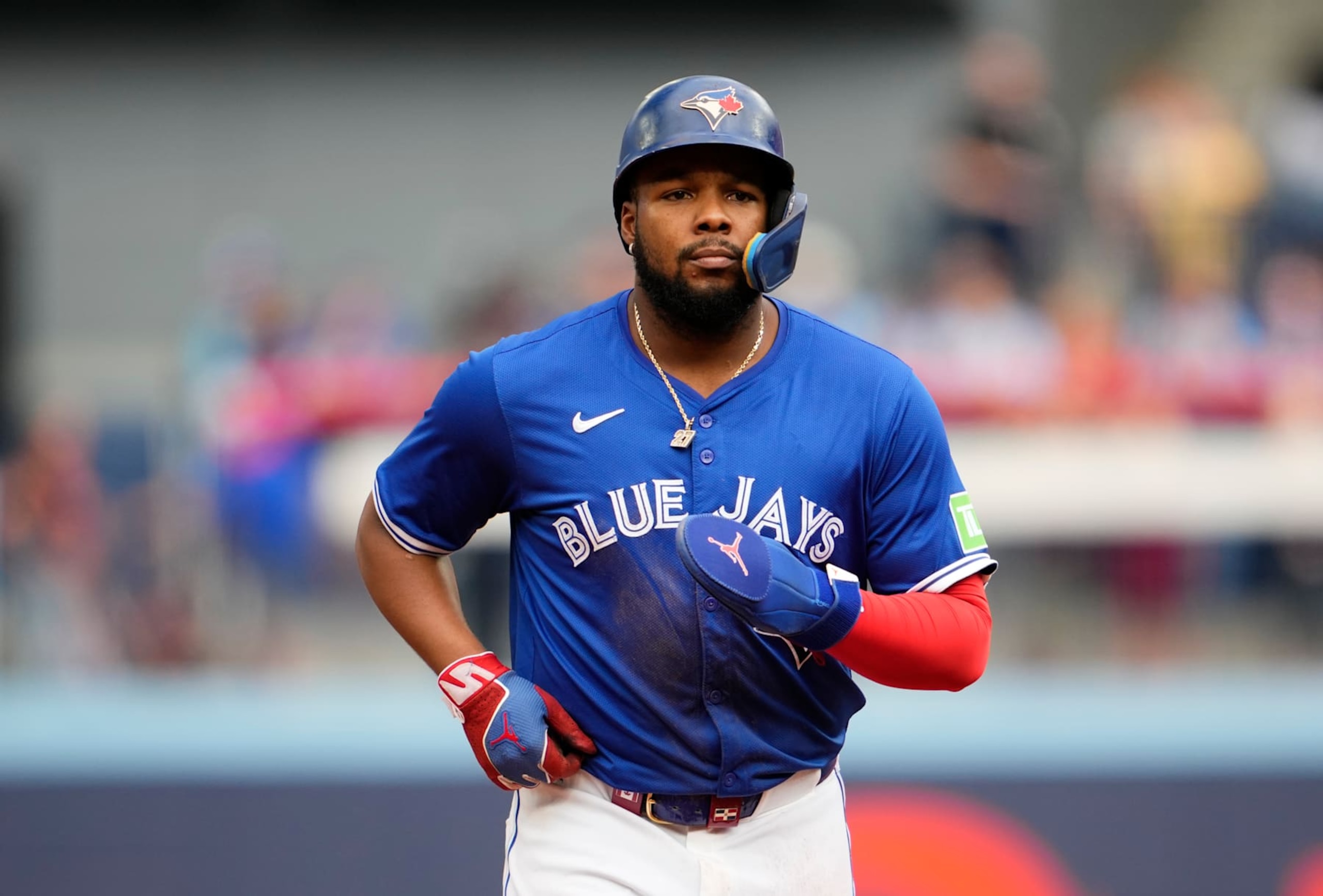 TORONTO, ON - SEPTEMBER 29: Vladimir Guerrero Jr. #27 of Toronto Blue Jays looks on in break in play against the Miami Marlins in their MLB game at the Rogers Centre on September 29, 2024 in Toronto, Ontario, Canada. (Photo by Mark Blinch/Getty Images) TORONTO, ON - SEPTEMBER 29: Vladimir Guerrero Jr. #27 of Toronto Blue Jays looks on in break in play against the Miami Marlins in their MLB game at the Rogers Centre on September 29, 2024 in Toronto, Ontario, Canada. (Photo by Mark Blinch/Getty Images)