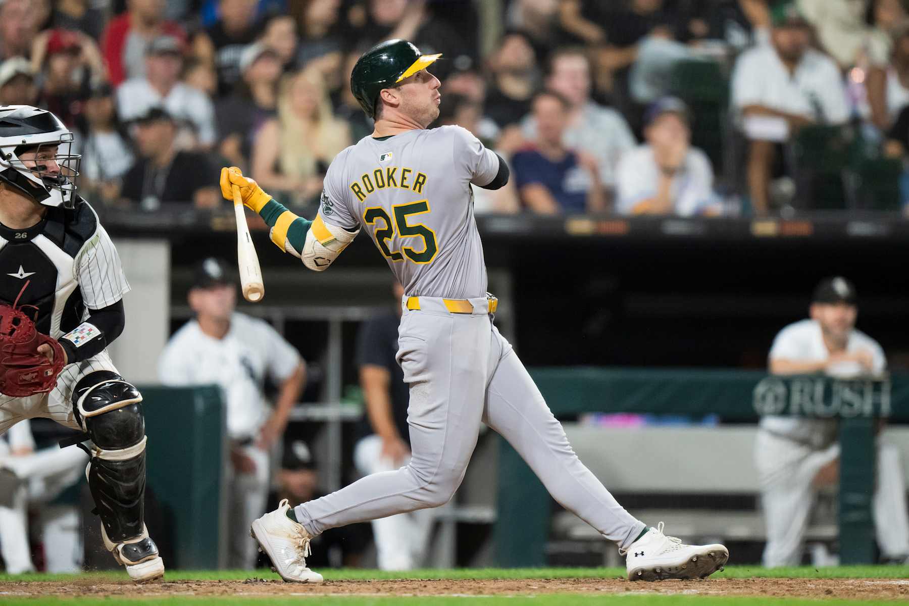 CHICAGO, ILLINOIS - SEPTEMBER 13: Brent Rooker #25 of the Oakland Athletics bats in a game against the Chicago White Sox at Guaranteed Rate Field on September 13, 2024 in Chicago, Illinois. (Photo by Matt Dirksen/Getty Images)