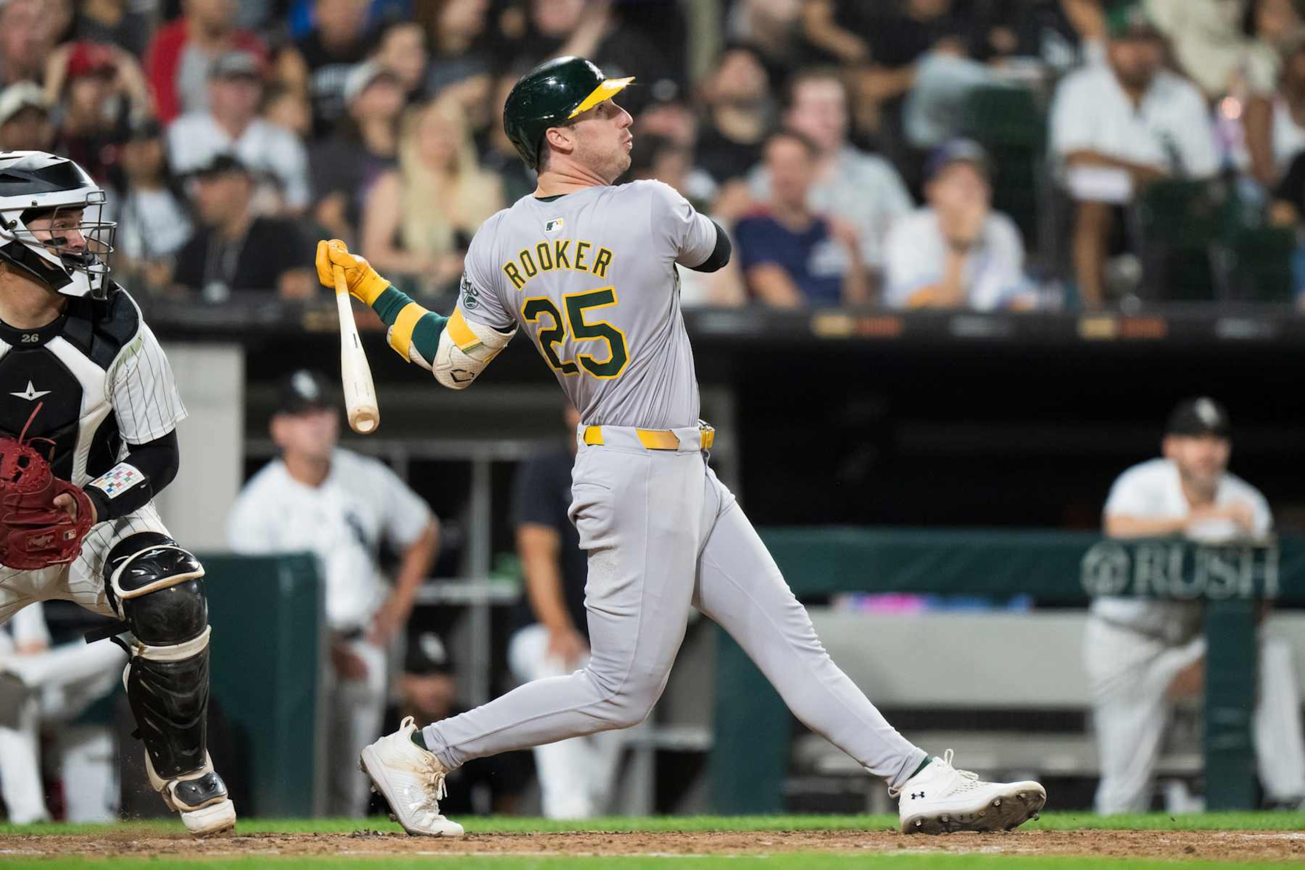 CHICAGO, ILLINOIS - SEPTEMBER 13: Brent Rooker #25 of the Oakland Athletics bats in a game against the Chicago White Sox at Guaranteed Rate Field on September 13, 2024 in Chicago, Illinois. (Photo by Matt Dirksen/Getty Images) CHICAGO, ILLINOIS - SEPTEMBER 13: Brent Rooker #25 of the Oakland Athletics bats in a game against the Chicago White Sox at Guaranteed Rate Field on September 13, 2024 in Chicago, Illinois. (Photo by Matt Dirksen/Getty Images)
