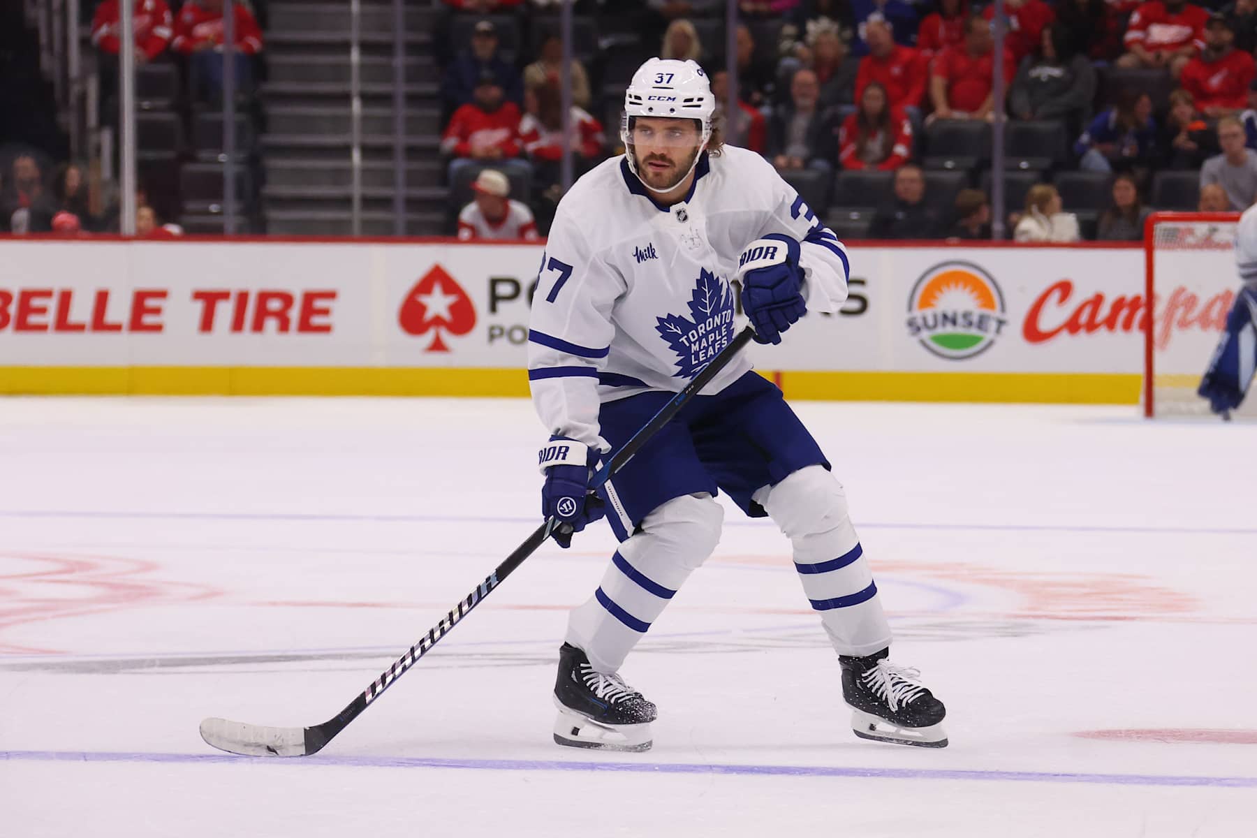 DETROIT, MICHIGAN - OCTOBER 03: Timothy Liljegren #37 of the Toronto Maple Leafs plays against the Detroit Red Wings during a pre season game at Little Caesars Arena on October 03, 2024 in Detroit, Michigan.  (Photo by Gregory Shamus/Getty Images)