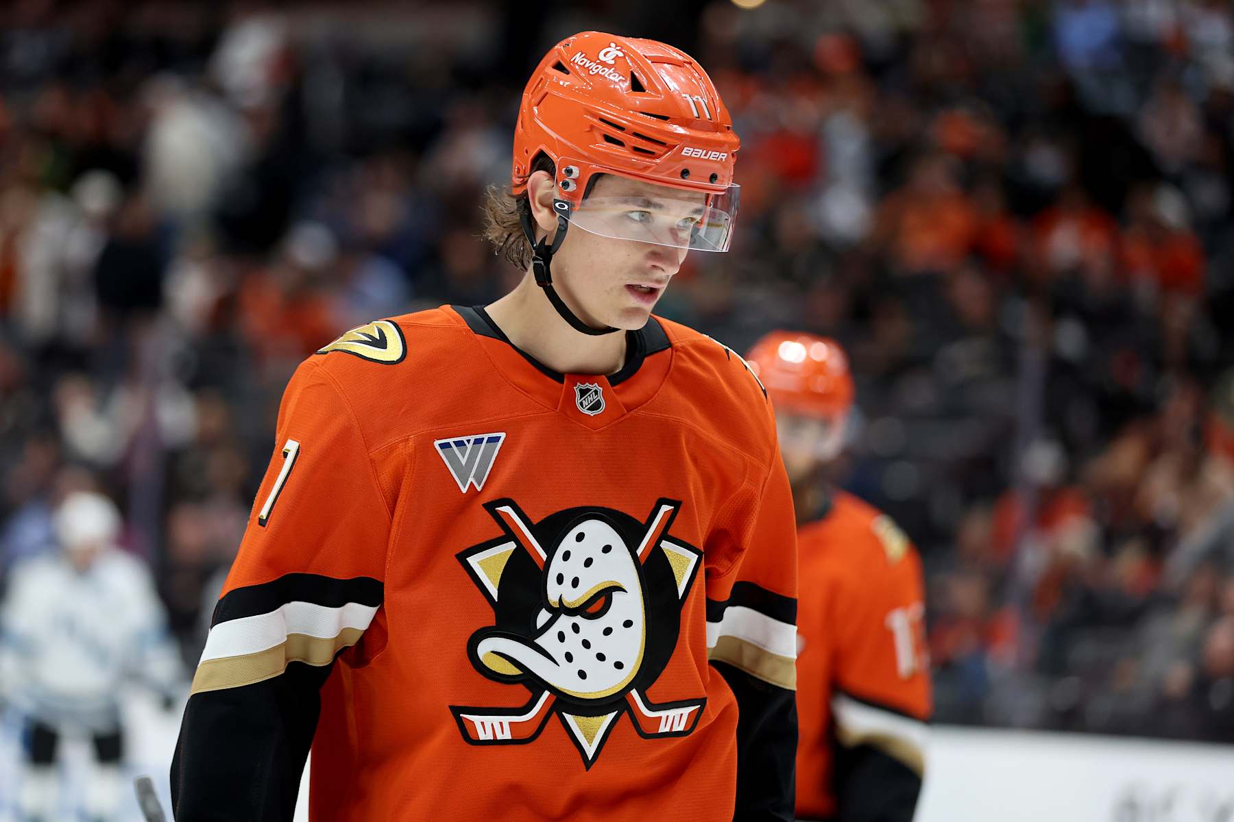 ANAHEIM, CALIFORNIA - OCTOBER 16: Trevor Zegras #11 of the Anaheim Ducks looks on during the third period of a game against the Utah Hockey Club at Honda Center on October 16, 2024 in Anaheim, California. (Photo by Sean M. Haffey/Getty Images)