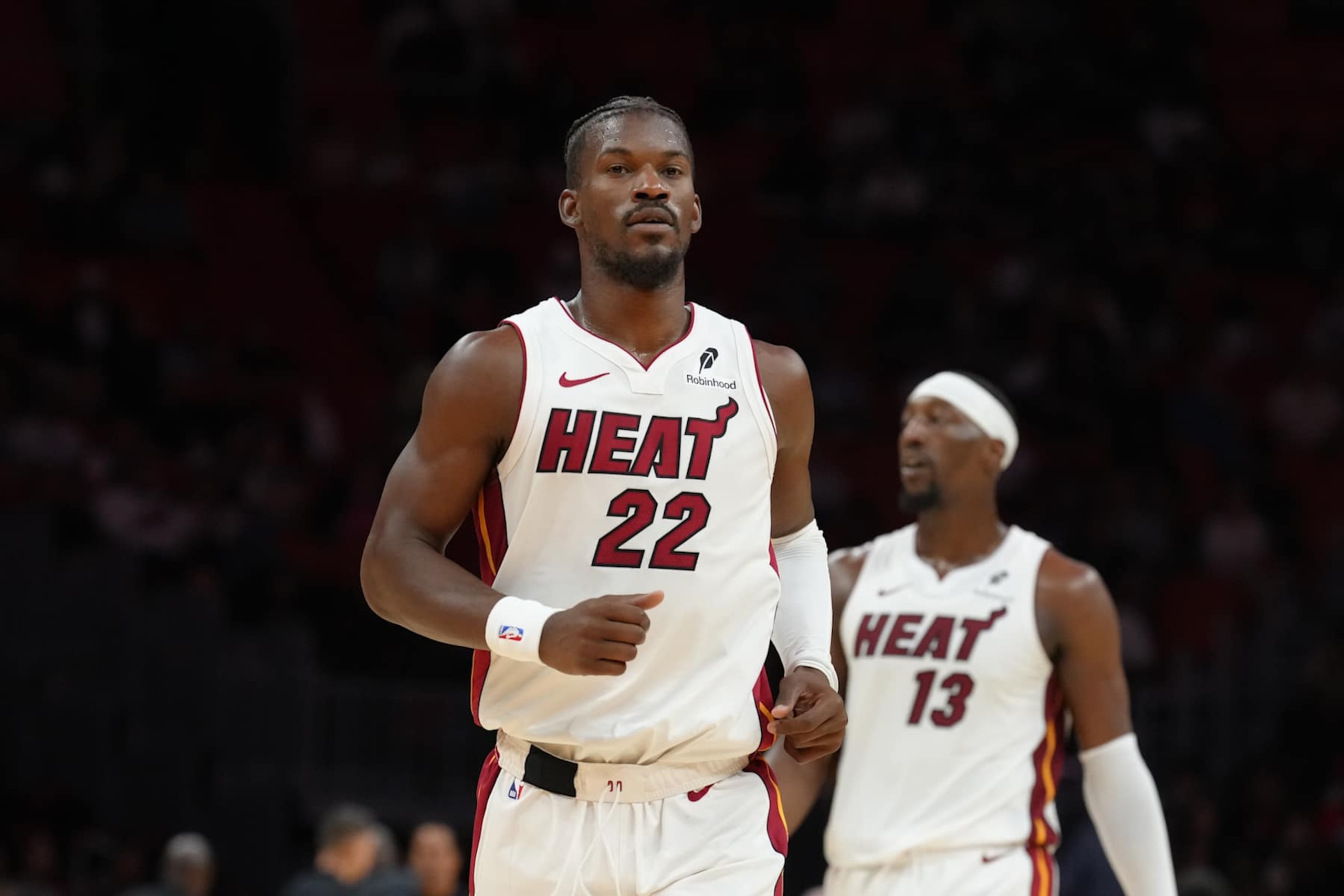 MIAMI, FL - OCTOBER 16: Jimmy Butler #22 of the Miami Heat looks on during the game against the Atlanta Hawks during a preseason game on October 16, 2024 at Kaseya Center in Miami, Florida. NOTE TO USER: User expressly acknowledges and agrees that, by downloading and or using this Photograph, user is consenting to the terms and conditions of the Getty Images License Agreement. Mandatory Copyright Notice: Copyright 2024 NBAE (Photo by Eric Espada/NBAE via Getty Images) MIAMI, FL - OCTOBER 16: Jimmy Butler #22 of the Miami Heat looks on during the game against the Atlanta Hawks during a preseason game on October 16, 2024 at Kaseya Center in Miami, Florida. NOTE TO USER: User expressly acknowledges and agrees that, by downloading and or using this Photograph, user is consenting to the terms and conditions of the Getty Images License Agreement. Mandatory Copyright Notice: Copyright 2024 NBAE (Photo by Eric Espada/NBAE via Getty Images)