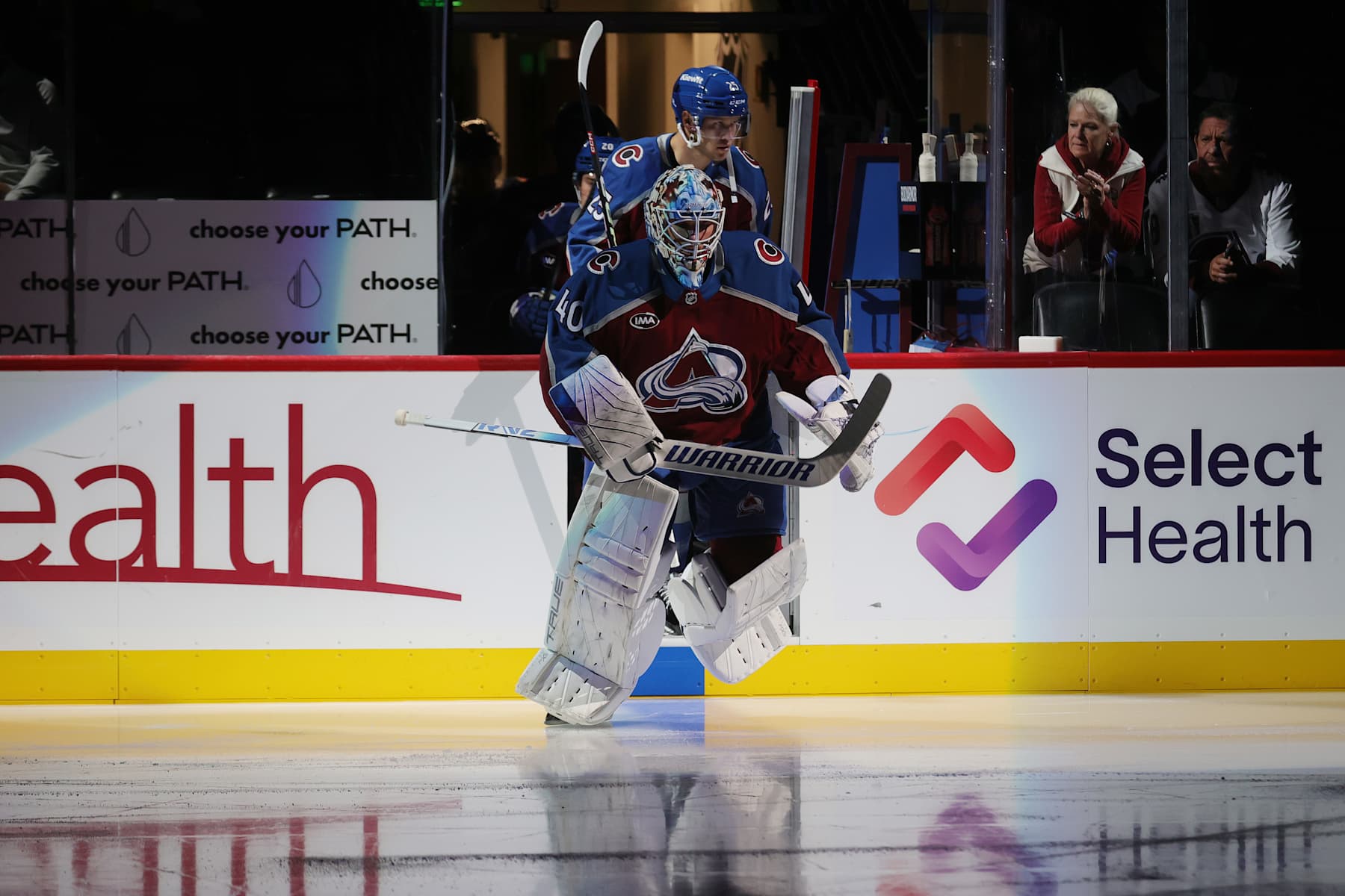 DENVER, COLORADO - OCTOBER 14: Goaltender Alexandar Georgiev #40 of the Colorado Avalanche skates prior to the game against the New York Islanders at Ball Arena on October 14, 2024 in Denver, Colorado. (Photo by Michael Martin/NHLI via Getty Images)