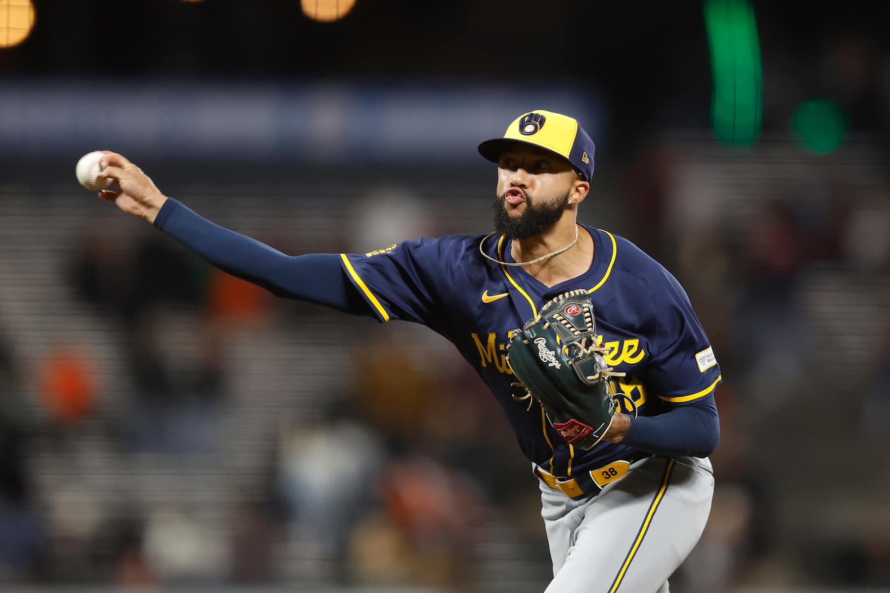 SAN FRANCISCO, CALIFORNIA - SEPTEMBER 12: Devin Williams #38 of the Milwaukee Brewers pitches in the bottom of the ninth inning against the San Francisco Giants at Oracle Park on September 12, 2024 in San Francisco, California. (Photo by Lachlan Cunningham/Getty Images)