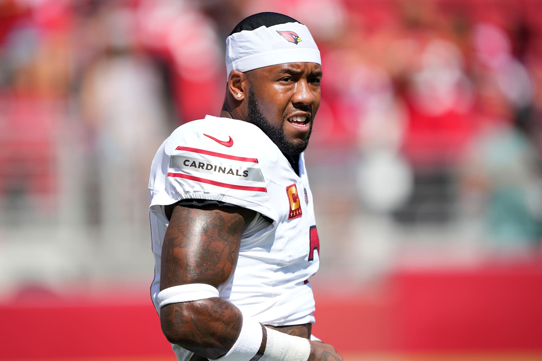 SANTA CLARA, CALIFORNIA - OCTOBER 06: Budda Baker #3 of the Arizona Cardinals warms up prior to a game against the San Francisco 49ers at Levi's Stadium on October 06, 2024 in Santa Clara, California. (Photo by Thearon W. Henderson/Getty Images)