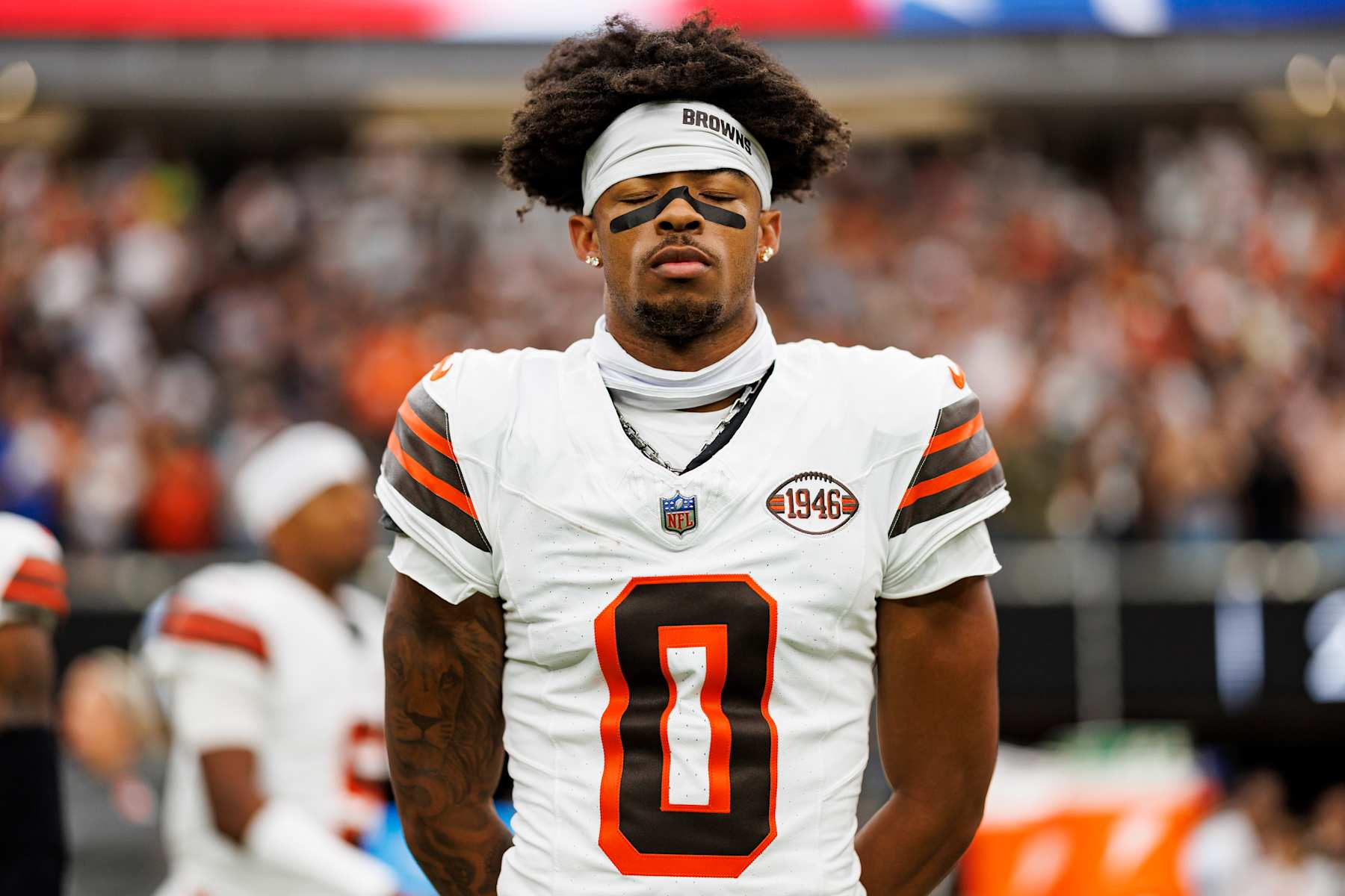 LAS VEGAS, NV - SEPTEMBER 29: Cornerback Greg Newsome II #0 of the Cleveland Browns stands on the sidelines during the national anthem prior to an NFL football game against the Las Vegas Raiders, at Allegiant Stadium on September 29, 2024 in Las Vegas, Nevada. (Photo by Brooke Sutton/Getty Images)