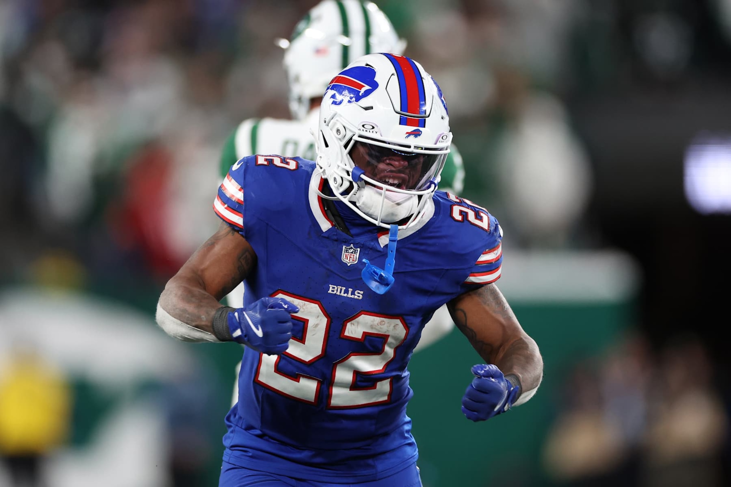 EAST RUTHERFORD, NEW JERSEY - OCTOBER 14: Ray Davis #22 of the Buffalo Bills reacts after a catch during the second quarter against the New York Jets at MetLife Stadium on October 14, 2024 in East Rutherford, New Jersey. (Photo by Luke Hales/Getty Images)