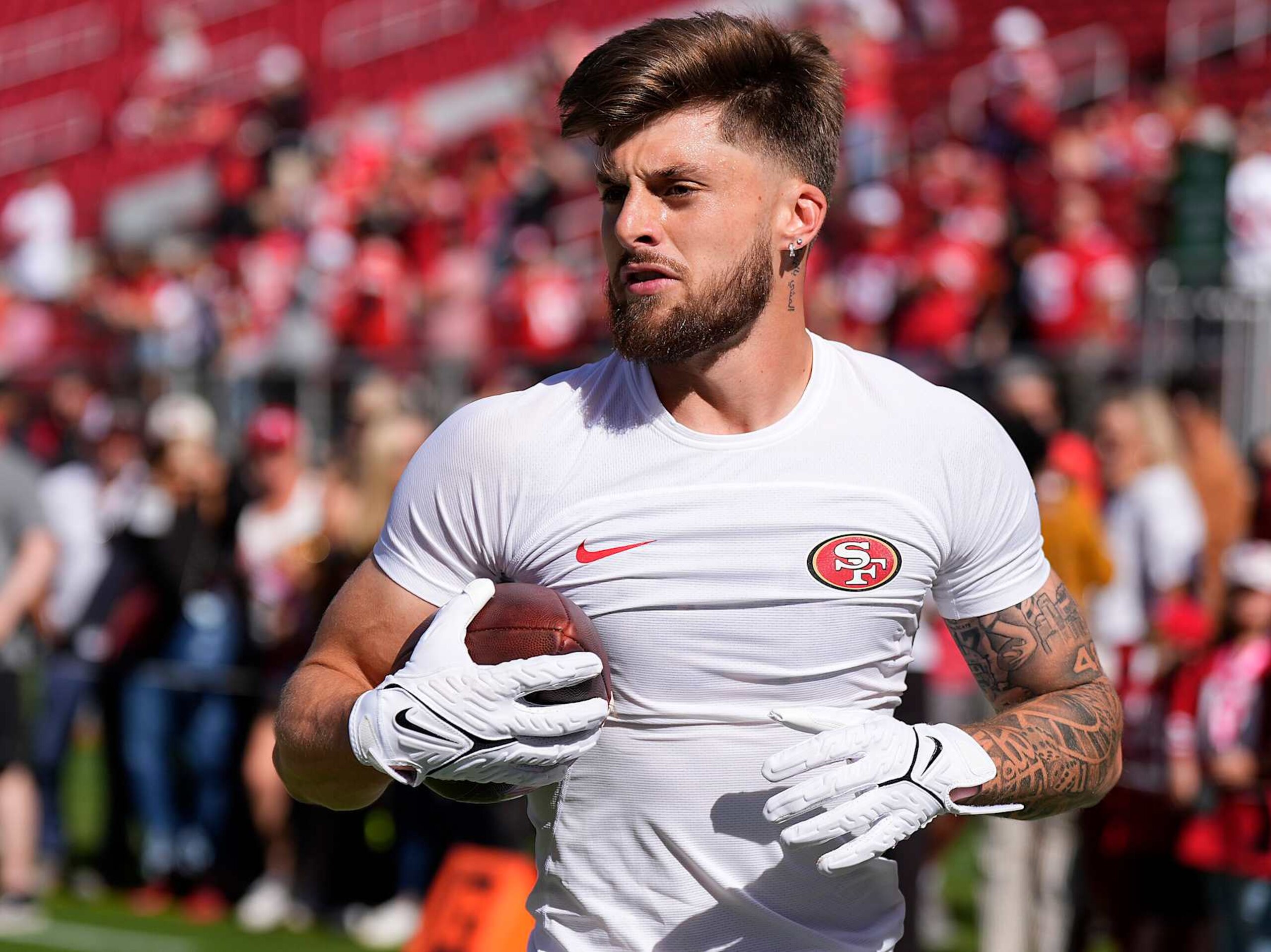 SANTA CLARA, CALIFORNIA - OCTOBER 20: Ricky Pearsall #14 of the San Francisco 49ers warms up prior to a game against the Kansas City Chiefs at Levi's Stadium on October 20, 2024 in Santa Clara, California. (Photo by Thearon W. Henderson/Getty Images)