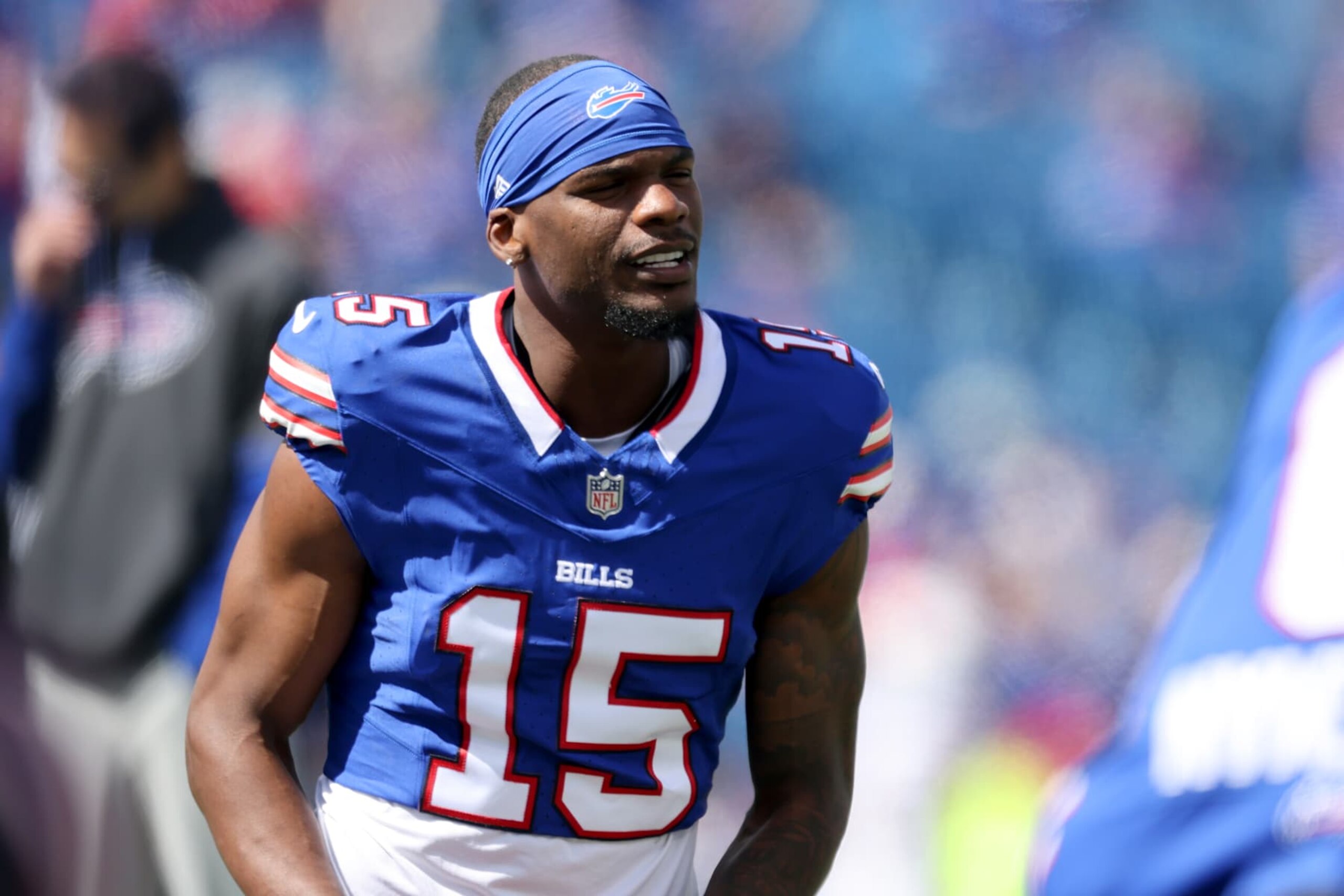 ORCHARD PARK, NEW YORK - SEPTEMBER 08: Marquez Valdes-Scantling #15 of the Buffalo Bills warms up prior to a game against the Arizona Cardinals at Highmark Stadium on September 08, 2024 in Orchard Park, New York. (Photo by Bryan Bennett/Getty Images)