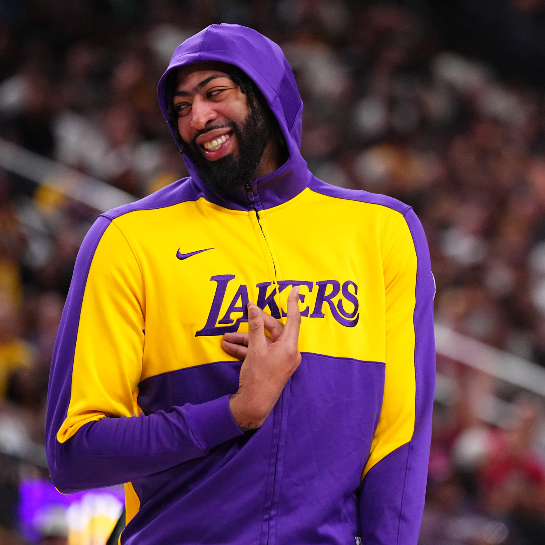 LAS VEGAS, NV - OCTOBER 15: Anthony Davis #3 of the Los Angeles Lakers smiles during the game against the Golden State Warriors during the 2024 NBA Preseason on October 15, 2024 at T-Mobile Arena in Las Vegas, Nevada. NOTE TO USER: User expressly acknowledges and agrees that, by downloading and or using this photograph, User is consenting to the terms and conditions of the Getty Images License Agreement. Mandatory Copyright Notice: Copyright 2024 NBAE  (Photo by Jeff Bottari/NBAE via Getty Images)