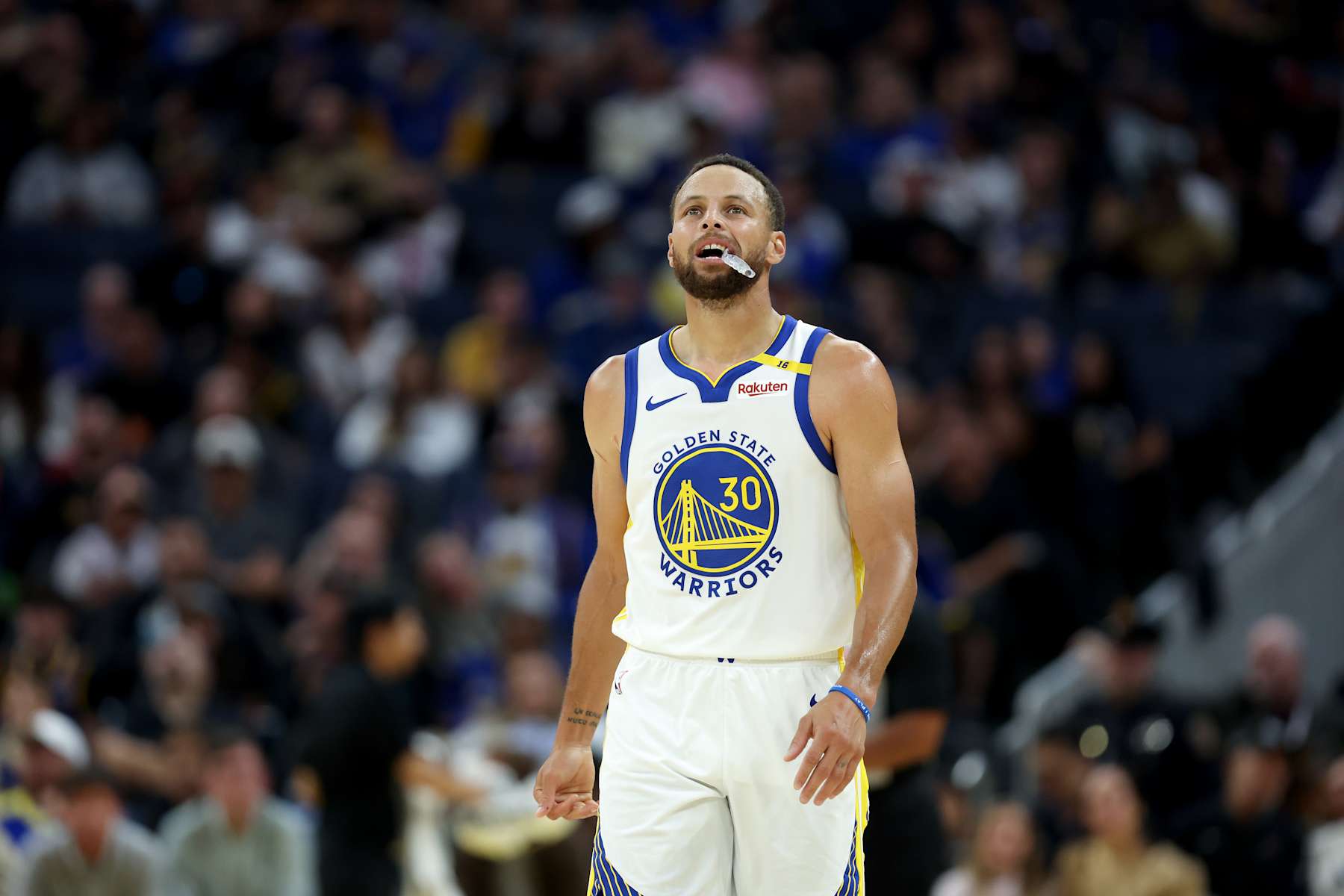 SAN FRANCISCO, CALIFORNIA - OCTOBER 11: Stephen Curry #30 of the Golden State Warriors stands on the court during their game against the Sacramento Kings during their preseason game at Chase Center on October 11, 2024 in San Francisco, California. NOTE TO USER: User expressly acknowledges and agrees that, by downloading and/or using this photograph, user is consenting to the terms and conditions of the Getty Images License Agreement.  (Photo by Ezra Shaw/Getty Images)