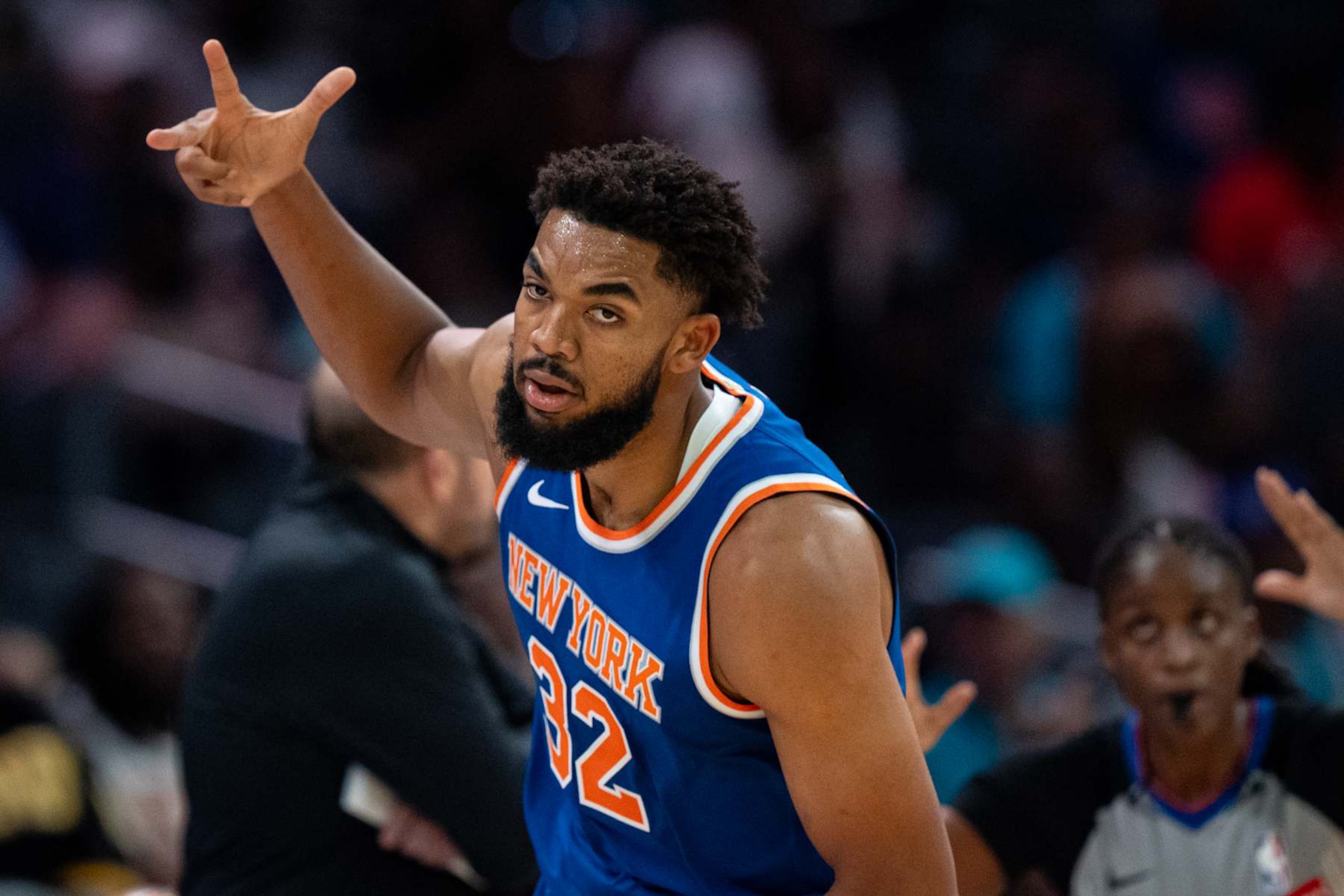 CHARLOTTE, NORTH CAROLINA - OCTOBER 06: Karl-Anthony Towns #32 of the New York Knicks reacts in the first quarter during a preseason game against the Charlotte Hornets at Spectrum Center on October 06, 2024 in Charlotte, North Carolina. NOTE TO USER: User expressly acknowledges and agrees that, by downloading and or using this photograph, User is consenting to the terms and conditions of the Getty Images License Agreement. (Photo by Jacob Kupferman/Getty Images) CHARLOTTE, NORTH CAROLINA - OCTOBER 06: Karl-Anthony Towns #32 of the New York Knicks reacts in the first quarter during a preseason game against the Charlotte Hornets at Spectrum Center on October 06, 2024 in Charlotte, North Carolina. NOTE TO USER: User expressly acknowledges and agrees that, by downloading and or using this photograph, User is consenting to the terms and conditions of the Getty Images License Agreement. (Photo by Jacob Kupferman/Getty Images)