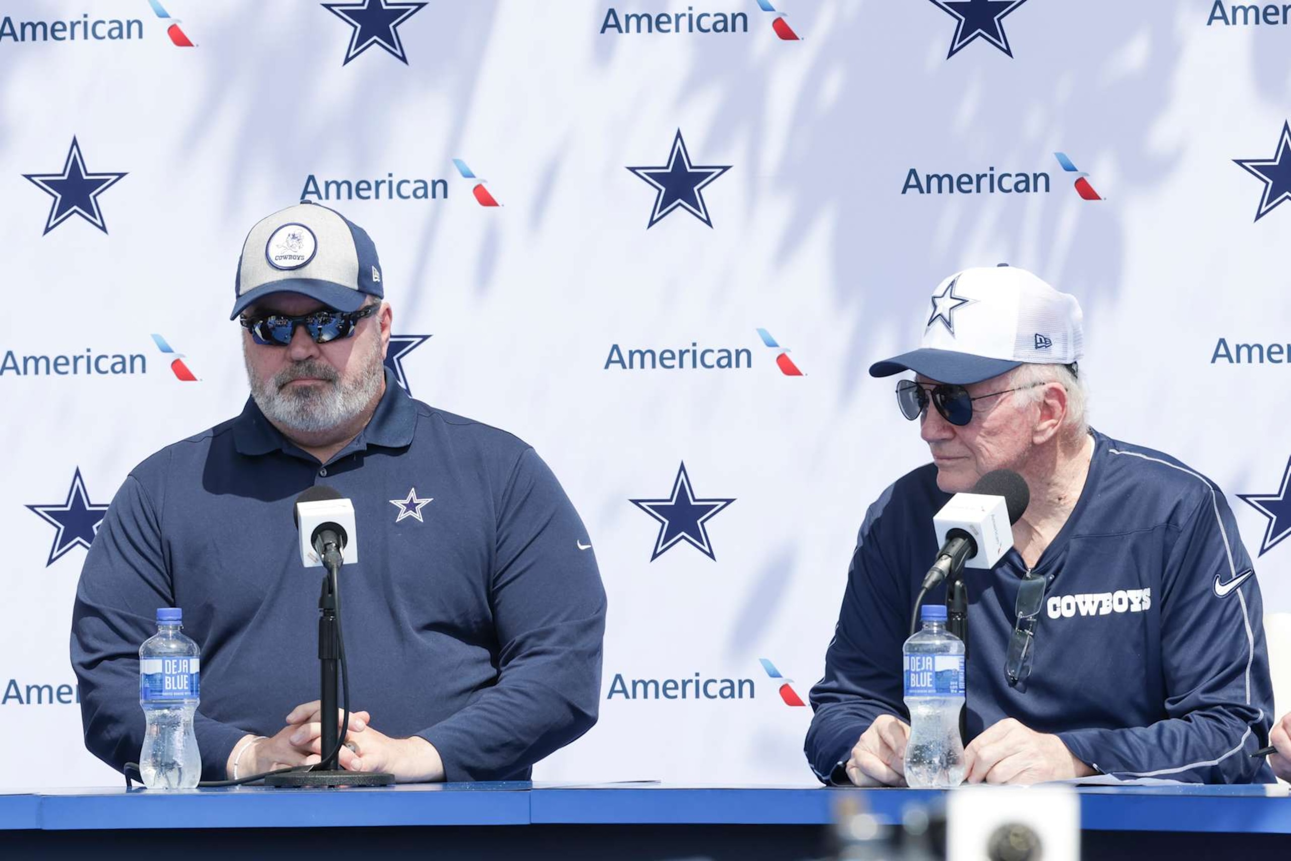 OXNARD, CA - JULY 25: Dallas Cowboys owner Jerry Jones and head coach Mike McCarthy talk to the media during the team's training camp at River Ridge Playing Fields on July 25, 2024 in Oxnard, CA. (Photo by Brandon Sloter/Icon Sportswire via Getty Images)