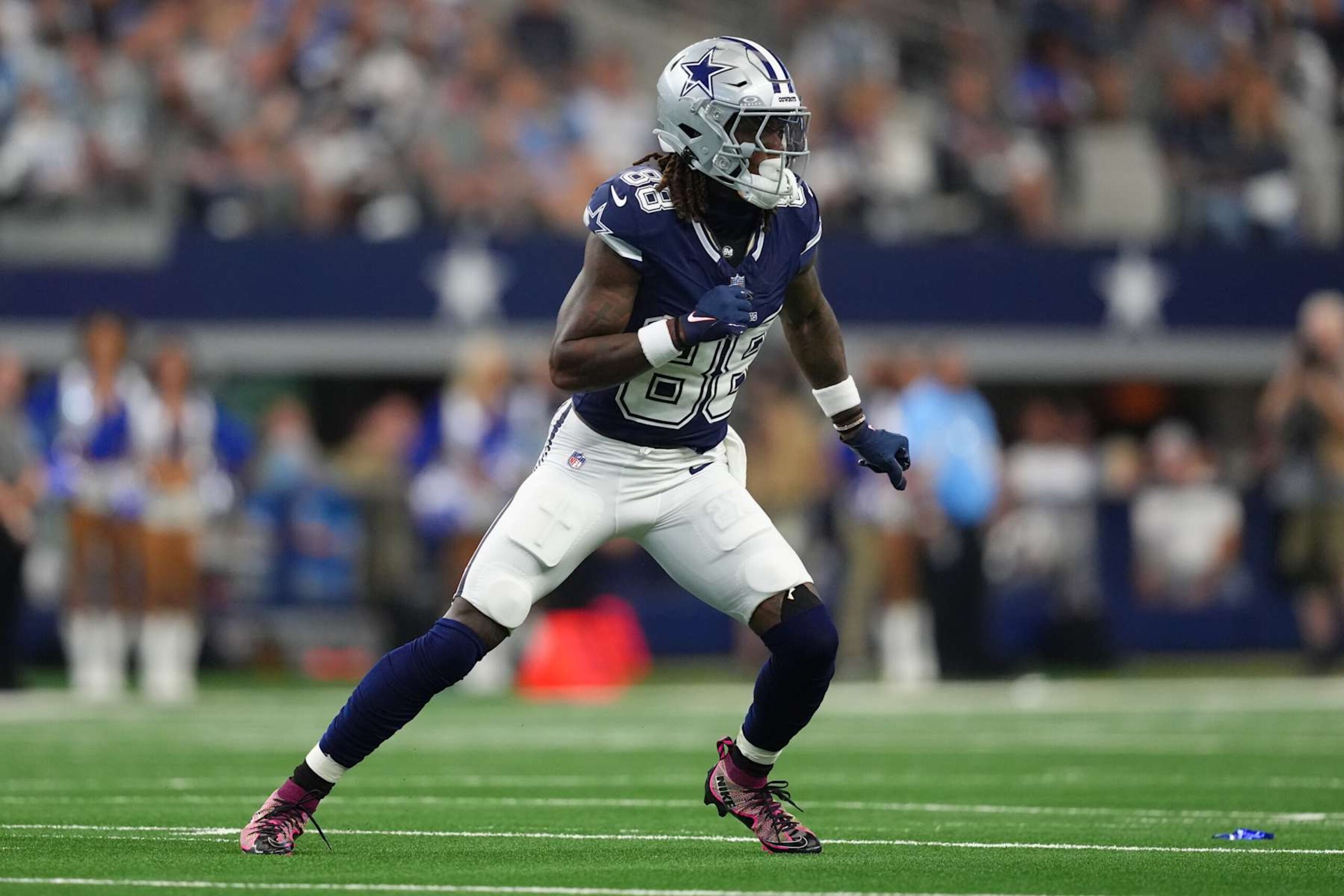 ARLINGTON, TEXAS - OCTOBER 13: CeeDee Lamb #88 of the Dallas Cowboys runs during the first half against the Detroit Lions at AT&T Stadium on October 13, 2024 in Arlington, Texas. (Photo by Sam Hodde/Getty Images)