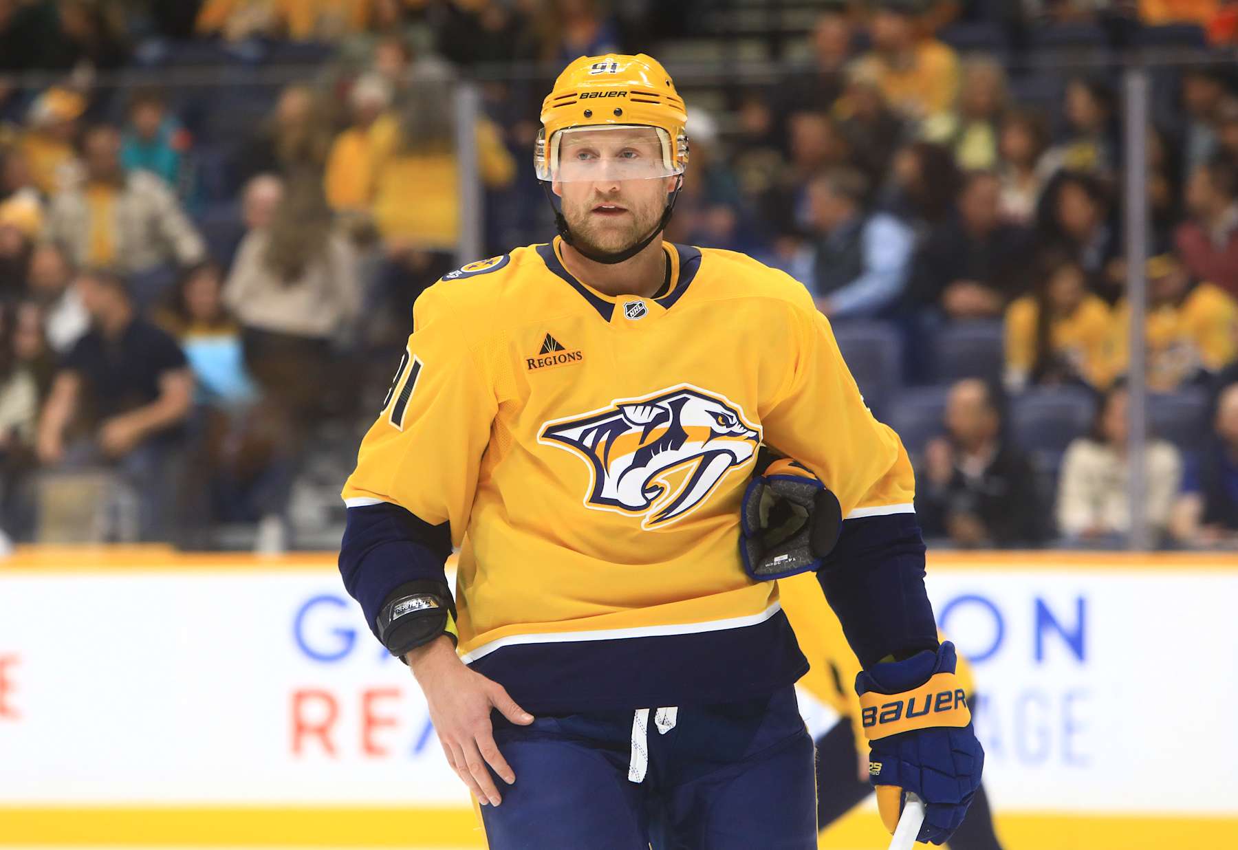 NASHVILLE, TN - OCTOBER 17: Nashville Predators center Steven Stamkos (91) is shown during the NHL game between the Nashville Predators and Edmonton Oilers, held on October 17, 2024, at Bridgestone Arena in Nashville, Tennessee. (Photo by Danny Murphy/Icon Sportswire via Getty Images)