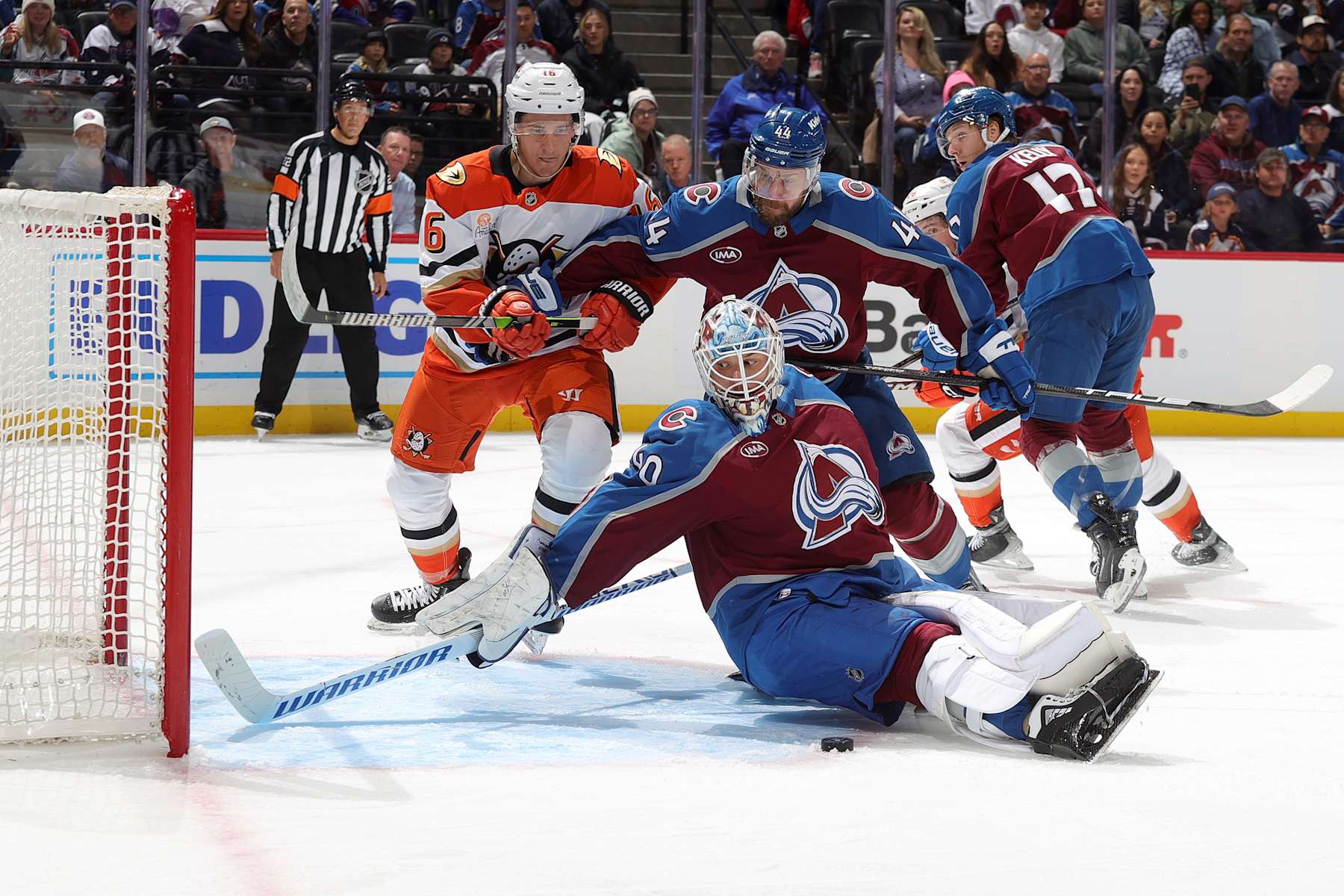 DENVER, COLORADO - OCTOBER 18: Goaltender Alexandar Georgiev #40 of the Colorado Avalanche looks to make a save against the Anaheim Ducks at Ball Arena on October 18, 2024 in Denver, Colorado. (Photo by Michael Martin/NHLI via Getty Images)