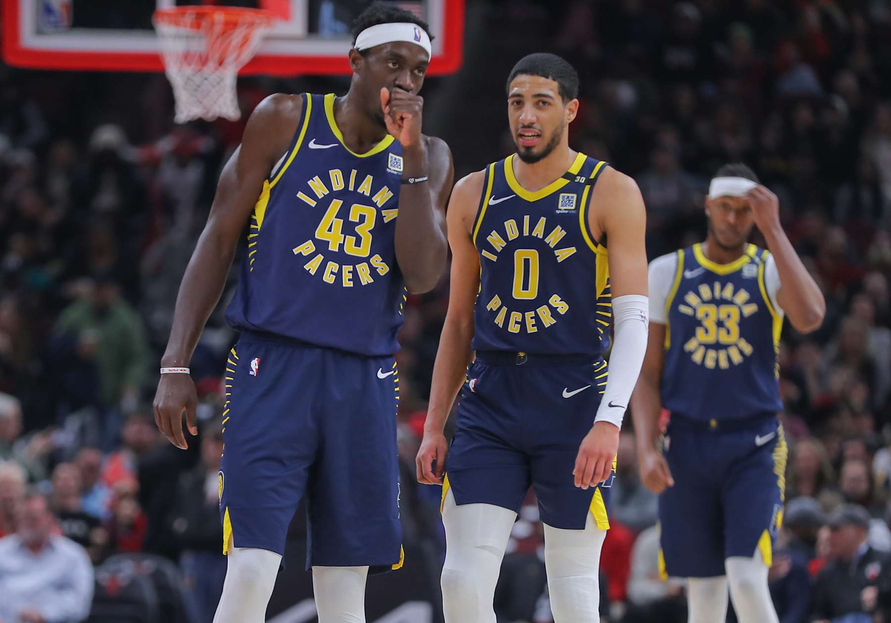 CHICAGO, IL - MARCH 27: Pascal Siakam #43 of the Indiana Pacers chats with Tyrese Haliburton #0 of the Indiana Pacers during the first half against the Chicago Bulls at the United Center on March 27, 2024 in Chicago, Illinois. (Photo by Melissa Tamez/Icon Sportswire via Getty Images)