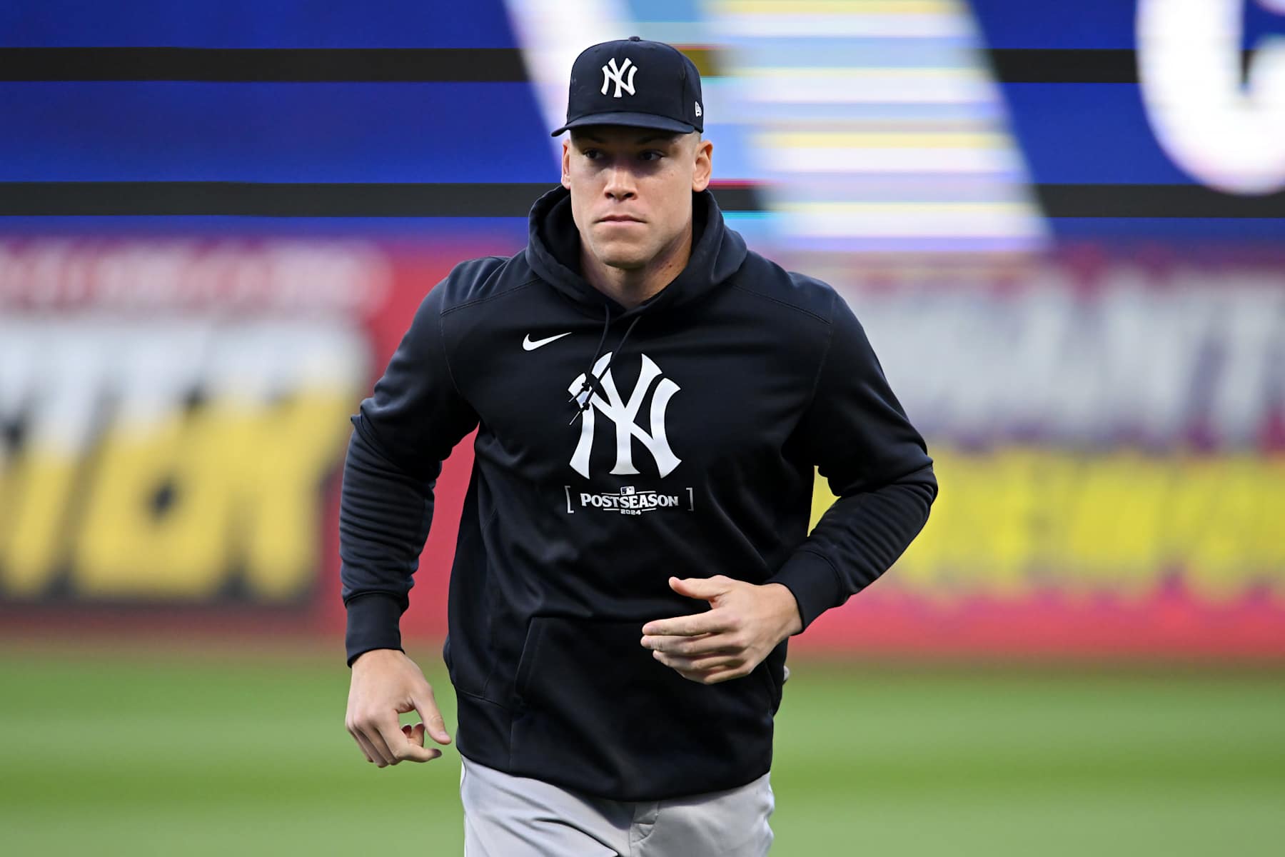 CLEVELAND, OHIO - OCTOBER 19: Aaron Judge #99 of the New York Yankees warms up before Game Five of the American League Championship Series against the Cleveland Guardians at Progressive Field on October 19, 2024 in Cleveland, Ohio.  (Photo by Nick Cammett/Getty Images)