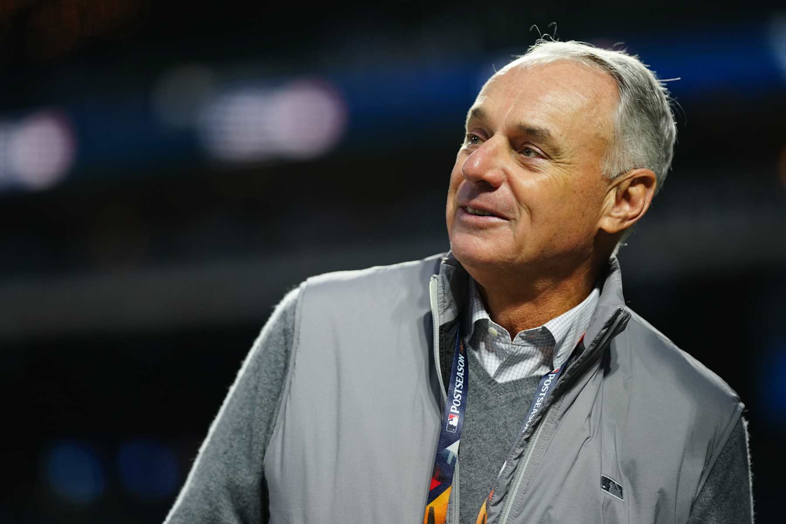 NEW YORK, NY - OCTOBER 16:   Commissioner of Major League Baseball Robert D. Manfred Jr. looks on prior to Game 3 of the NLCS presented by loanDepot between the Los Angeles Dodgers and the New York Mets at Citi Field on Wednesday, October 16, 2024 in New York, New York. (Photo by Daniel Shirey/MLB Photos via Getty Images)