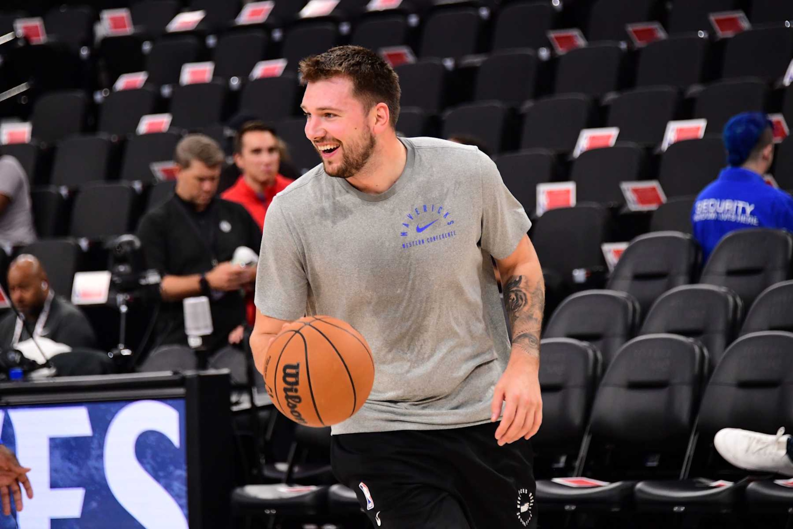 INGLEWOOD, CA - OCTOBER 14: Luka Doncic #77 of the Dallas Mavericks smiles before the game against the LA Clippers during a NBA Preseason game on October 14, 2024 at the Intuit Dome in Inglewood, California. NOTE TO USER: User expressly acknowledges and agrees that, by downloading and/or using this Photograph, user is consenting to the terms and conditions of the Getty Images License Agreement. Mandatory Copyright Notice: Copyright 2024 NBAE (Photo by Adam Pantozzi/NBAE via Getty Images) INGLEWOOD, CA - OCTOBER 14: Luka Doncic #77 of the Dallas Mavericks smiles before the game against the LA Clippers during a NBA Preseason game on October 14, 2024 at the Intuit Dome in Inglewood, California. NOTE TO USER: User expressly acknowledges and agrees that, by downloading and/or using this Photograph, user is consenting to the terms and conditions of the Getty Images License Agreement. Mandatory Copyright Notice: Copyright 2024 NBAE (Photo by Adam Pantozzi/NBAE via Getty Images)