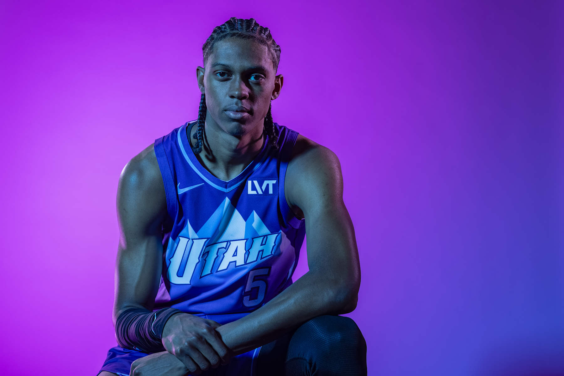 SALT LAKE CITY, UT - SEPTEMBER 30: Cody Williams #5 of the Utah Jazz poses for a head shot on September 30, 2024 at Zions Bank Basketball Campus in Salt Lake City, Utah. NOTE TO USER: User expressly acknowledges and agrees that, by downloading and/or using this Photograph, user is consenting to the terms and conditions of the Getty Images License Agreement. Mandatory Copyright Notice: Copyright 2024 NBAE (Photo by Melissa Majchrzak/NBAE via Getty Images)