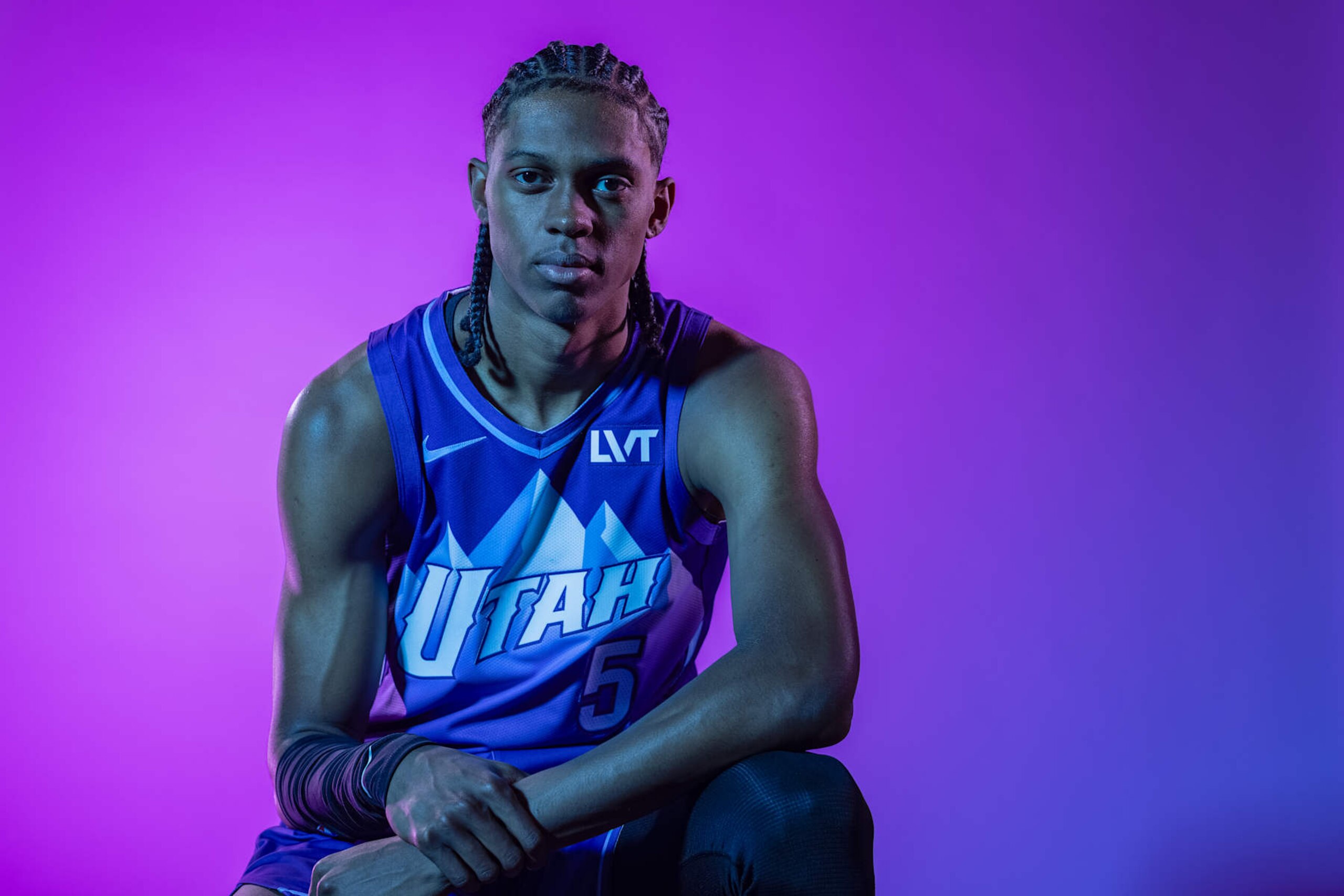 SALT LAKE CITY, UT - SEPTEMBER 30: Cody Williams #5 of the Utah Jazz poses for a head shot on September 30, 2024 at Zions Bank Basketball Campus in Salt Lake City, Utah. NOTE TO USER: User expressly acknowledges and agrees that, by downloading and/or using this Photograph, user is consenting to the terms and conditions of the Getty Images License Agreement. Mandatory Copyright Notice: Copyright 2024 NBAE (Photo by Melissa Majchrzak/NBAE via Getty Images)