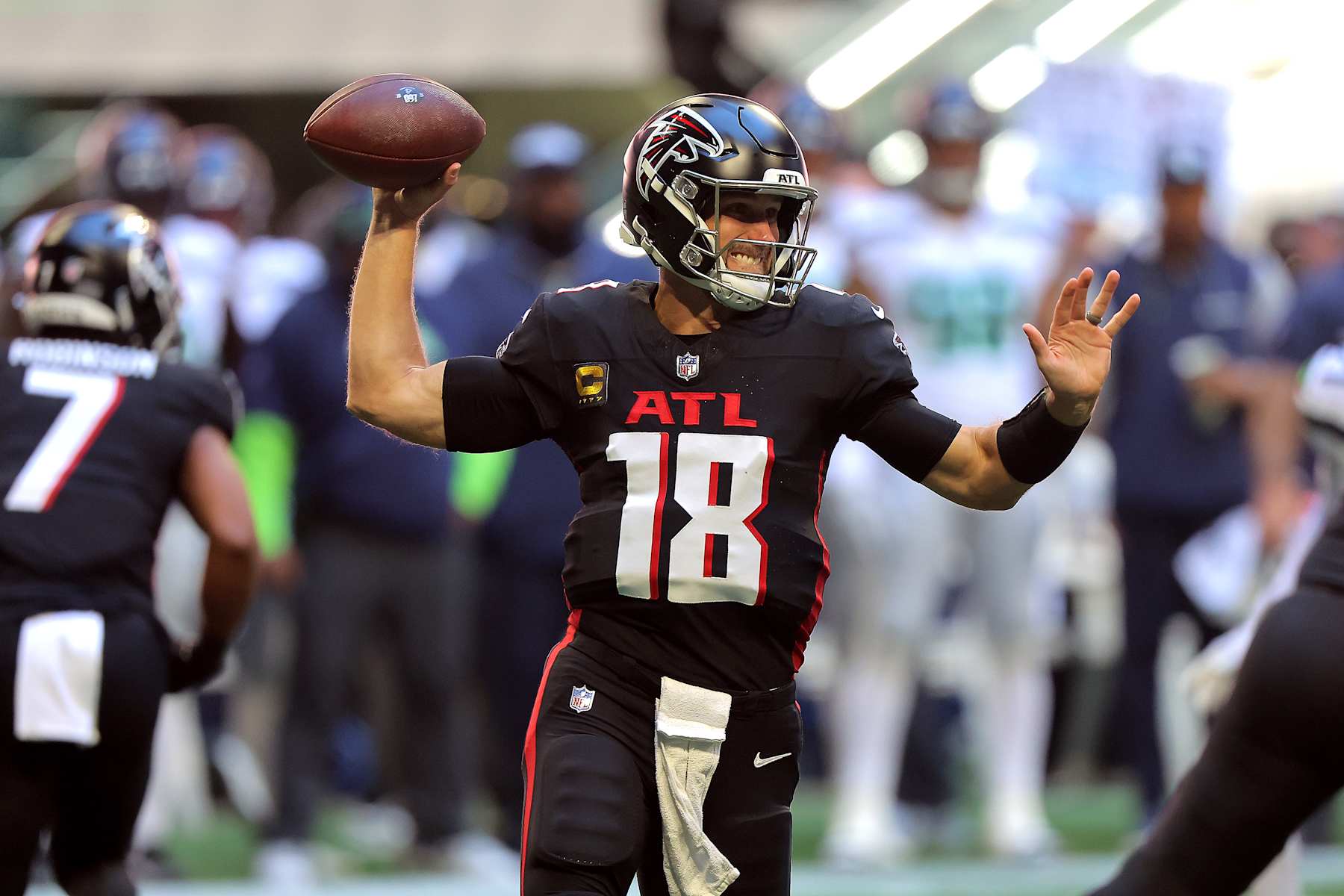 ATLANTA, GA - OCTOBER 20: Atlanta Falcons starting quarterback Kirk Cousins #18 passes during the Sunday afternoon NFL game between the Atlanta Falcons and the Seattle Seahawks on October 20, 2024 at the Mercedes-Benz Stadium in Atlanta, Georgia.  (Photo by David J. Griffin/Icon Sportswire via Getty Images)