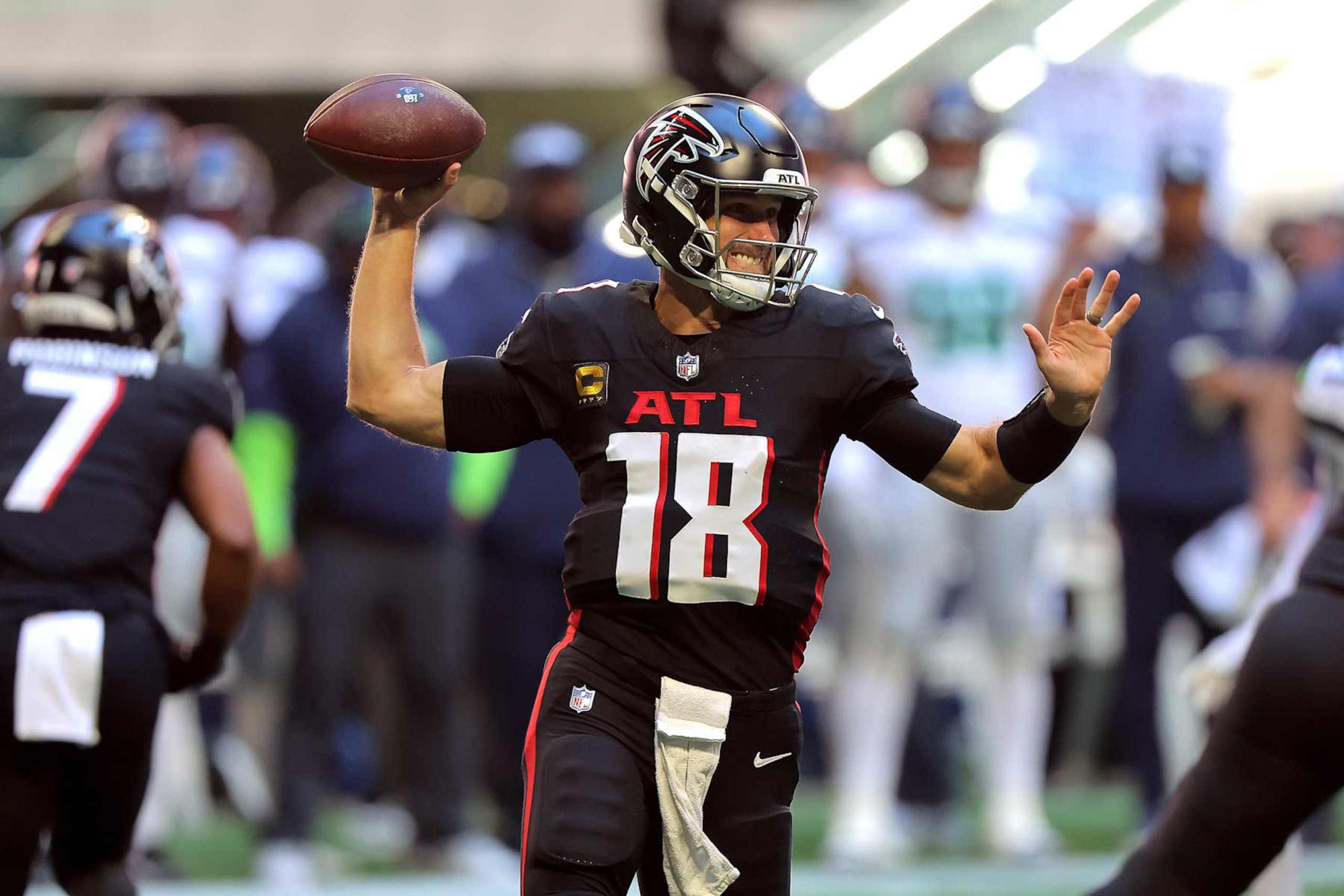 ATLANTA, GA - OCTOBER 20: Atlanta Falcons starting quarterback Kirk Cousins #18 passes during the Sunday afternoon NFL game between the Atlanta Falcons and the Seattle Seahawks on October 20, 2024 at the Mercedes-Benz Stadium in Atlanta, Georgia.  (Photo by David J. Griffin/Icon Sportswire via Getty Images)