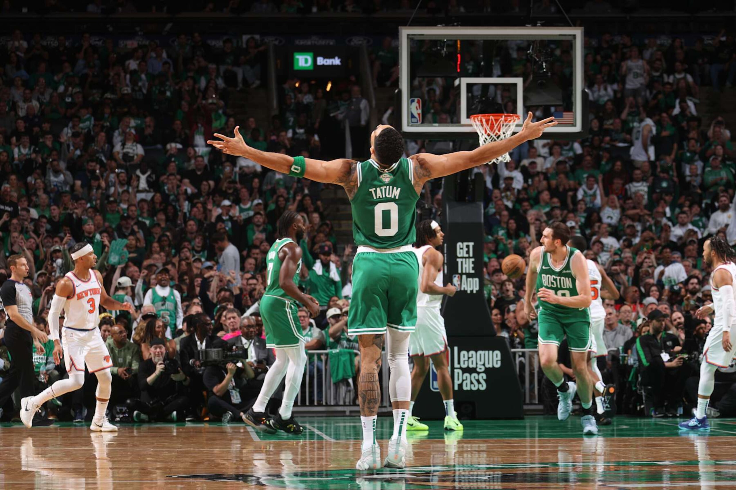 BOSTON, MA - OCTOBER 22: Jayson Tatum #0 of the Boston Celtics celebrates during the game against the New York Knicks on October 22, 2024 at TD Garden in Boston, Massachusetts. NOTE TO USER: User expressly acknowledges and agrees that, by downloading and or using this Photograph, user is consenting to the terms and conditions of the Getty Images License Agreement. Mandatory Copyright Notice: Copyright 2024 NBAE (Photo by Nathaniel S. Butler/NBAE via Getty Images)