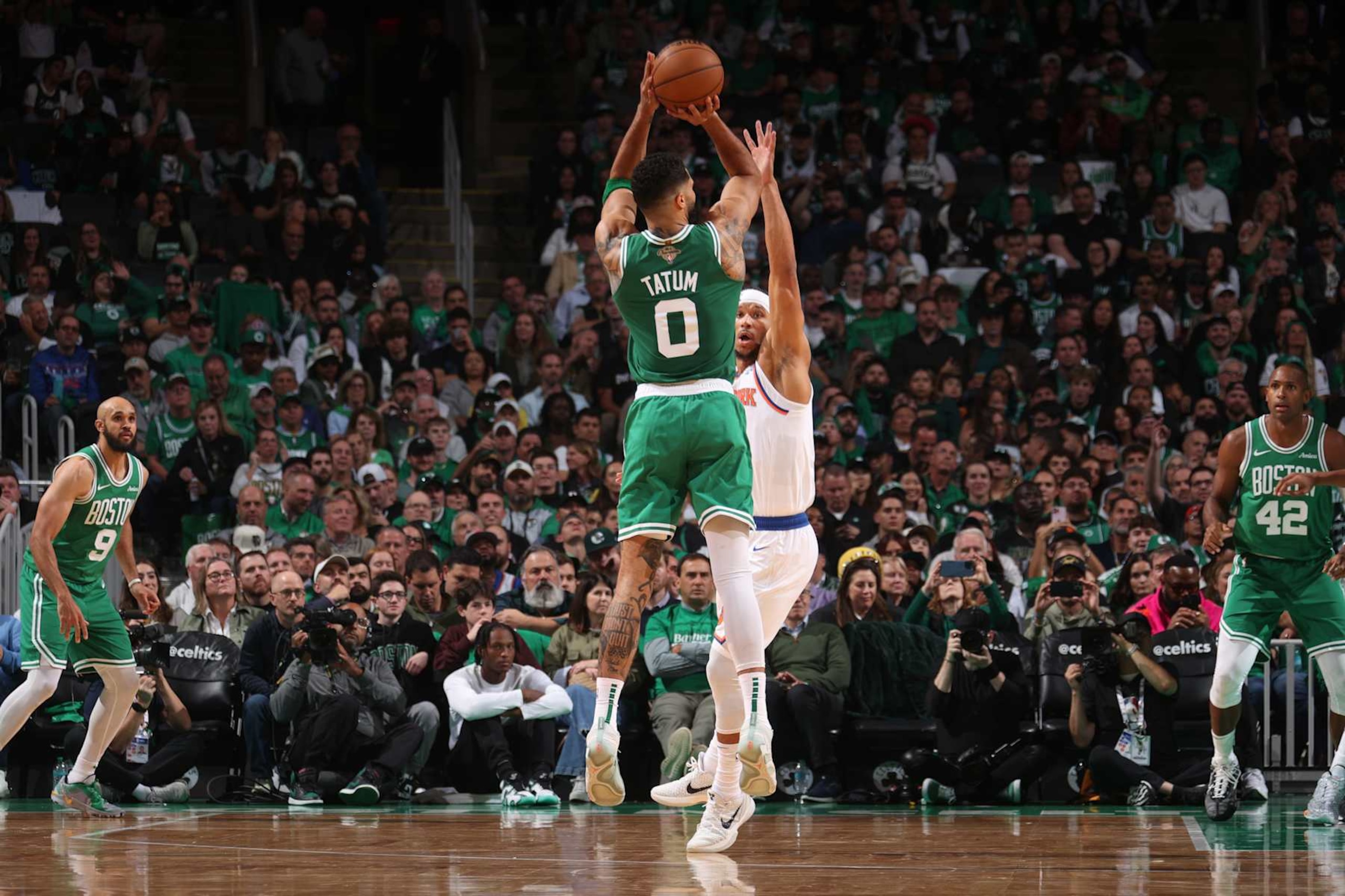 BOSTON, MA - OCTOBER 22: Jayson Tatum #0 of the Boston Celtics shoots a three point basket during the game against the New York Knicks on October 22, 2024 at TD Garden in Boston, Massachusetts. NOTE TO USER: User expressly acknowledges and agrees that, by downloading and or using this Photograph, user is consenting to the terms and conditions of the Getty Images License Agreement. Mandatory Copyright Notice: Copyright 2024 NBAE (Photo by Nathaniel S. Butler/NBAE via Getty Images)